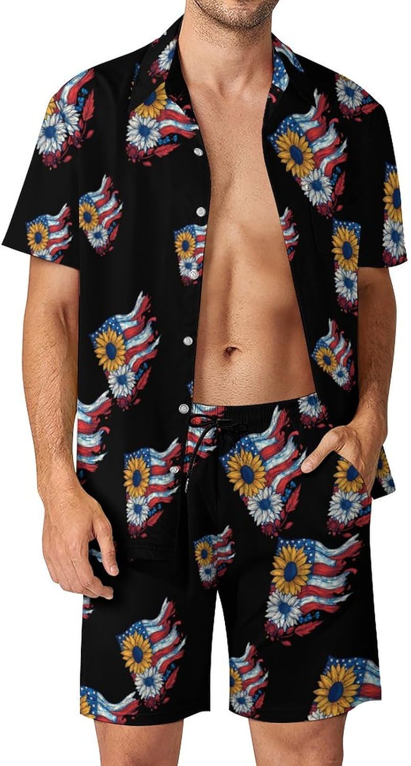 Sunflower U.S. Flag Men's Summer Beach Outfits Shirt And Shorts Set 2 Piece Vacation Swimwear