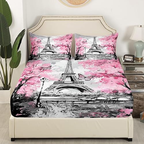 Miniatura 2 de Juego de sábanas de microfibra de París para adultos, tamaño Queen, diseño de mariposas rosas, con sábana bajera, 2 fundas de almohada