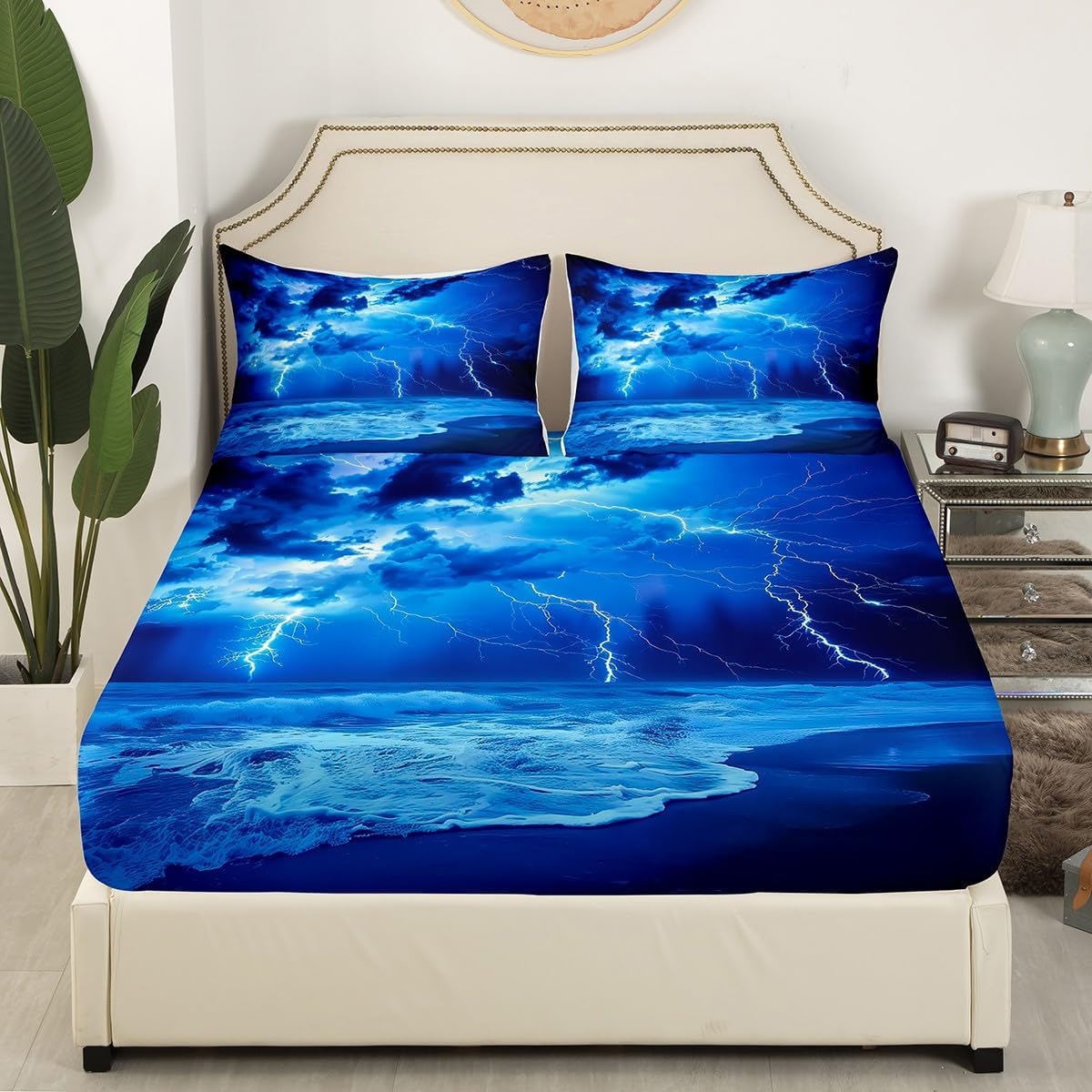 Erosebridal Nautical Bed Cover Twin Ocean Beach Fitted Sheet Room Decorative Lightning Bedding Set for Kids Boys Girls Teens Adult Sea Wave Surfing Fitted Sheet, Navy Blue Fitted Sheet
