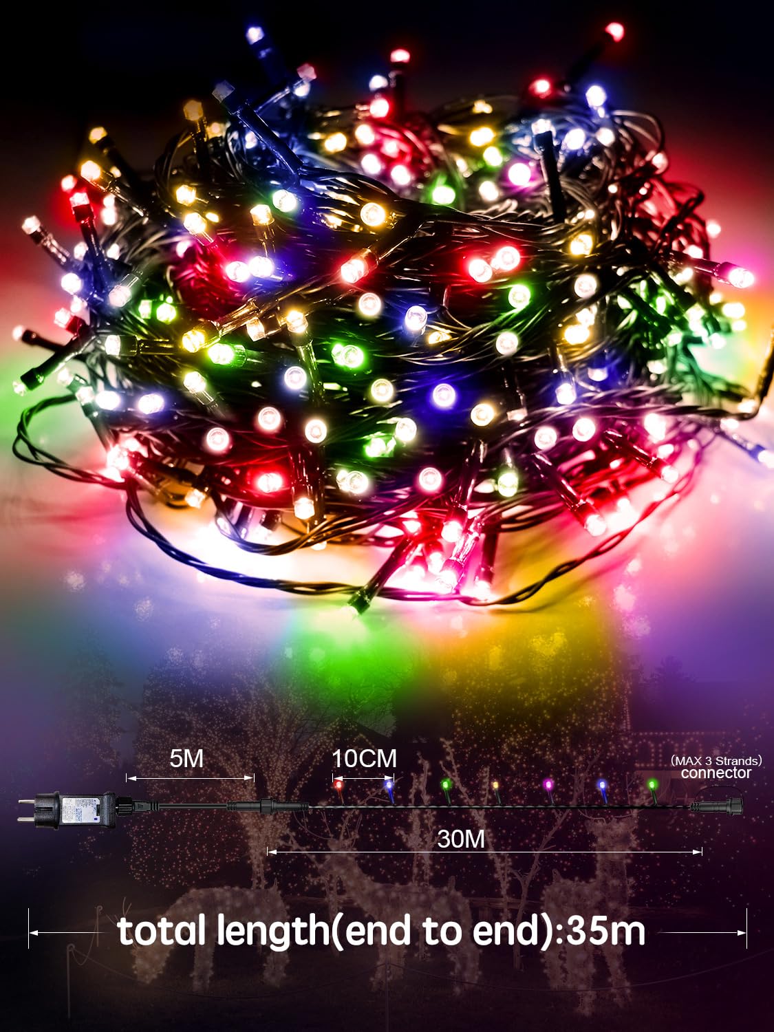 ARKOCHIC 35M Luci Albero di Natale, 300 LED Luci Natalizie da Esterno ed Interno, 8 Modalità con e Telecomando Lampade di Natale per Giardino, Balcone, Casa, Festa (Multicolore)