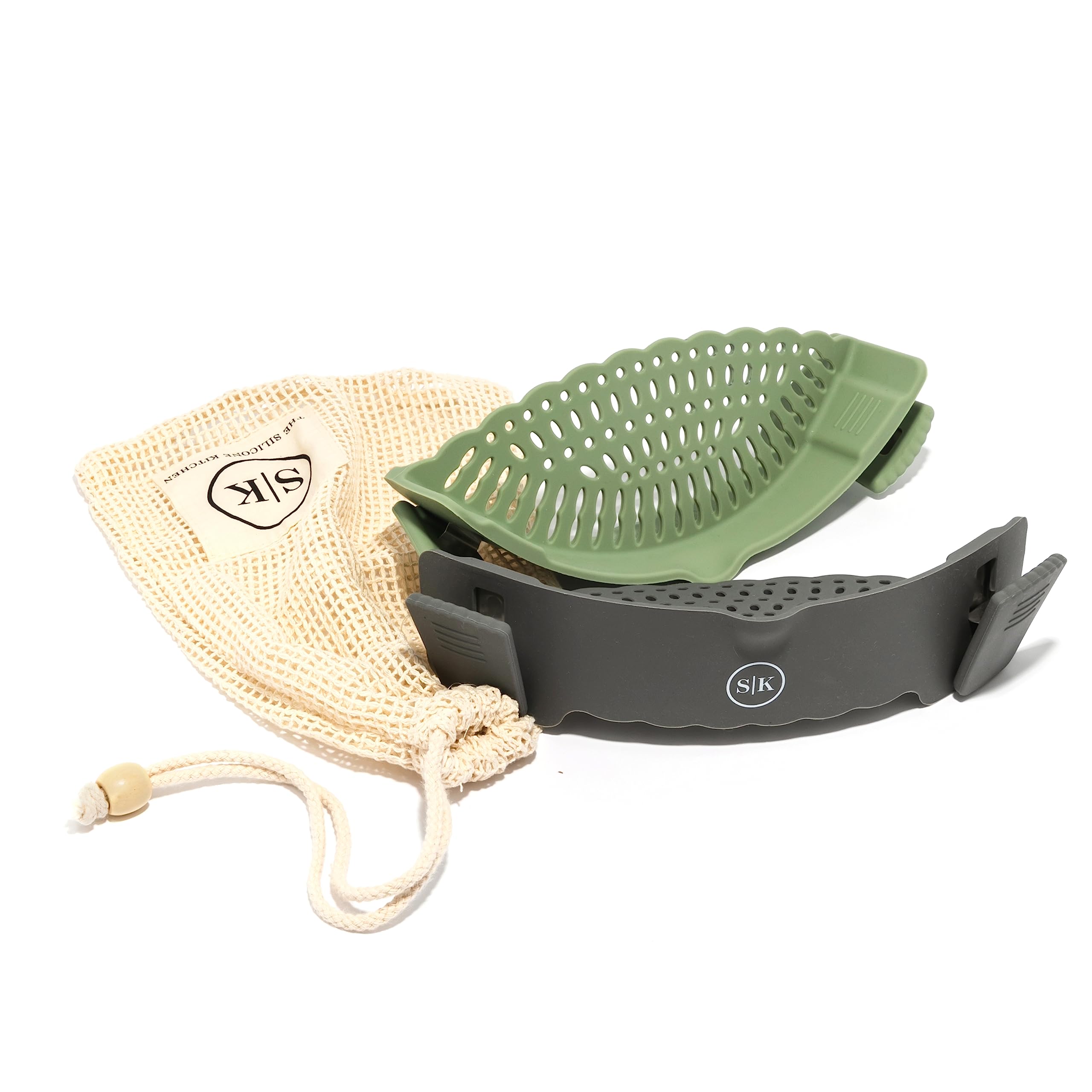 The Silione - Colador de silicona con clip para cocina, se adapta a la mayoría de ollas, sartenes, cuencos, ideal para pasta, verduras, frutas, no tóxico, sin BPA (paquete de 2, verde, gris)