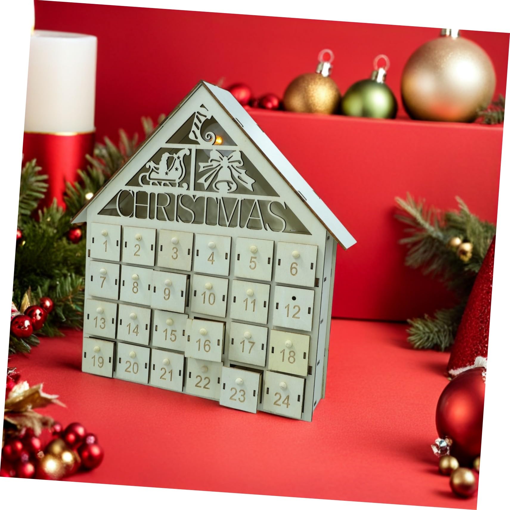 iplusmile Calendario Avvento in Legno Casa da Tavolo con Illuminazione LED per Conto alla Rovescia Festivo Riutilizzabile per Decorazioni e Regali Fai da Te