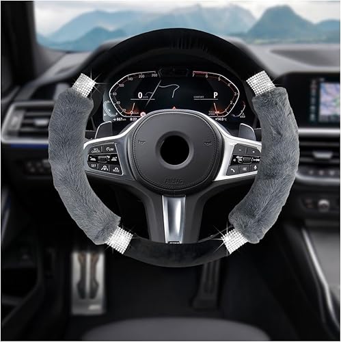 Miniatura 7 de Suvnie Funda mullida para volante de automóvil con diamantes de imitación, cómoda funda antideslizante para volante de lana sintética, protector
