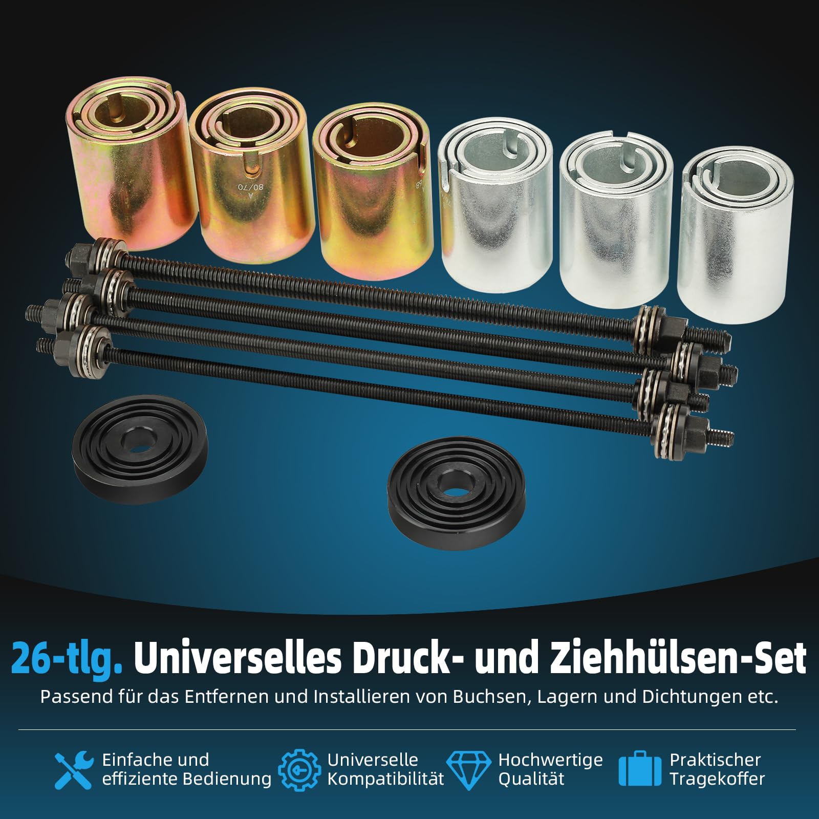 FreeTec 26 piezas extractor de rodamientos de rueda Juego de herramientas Silentlager Extractor de cubo de rueda Silentlager herramienta para el desmontaje e instalación de casquillos, rodamientos y