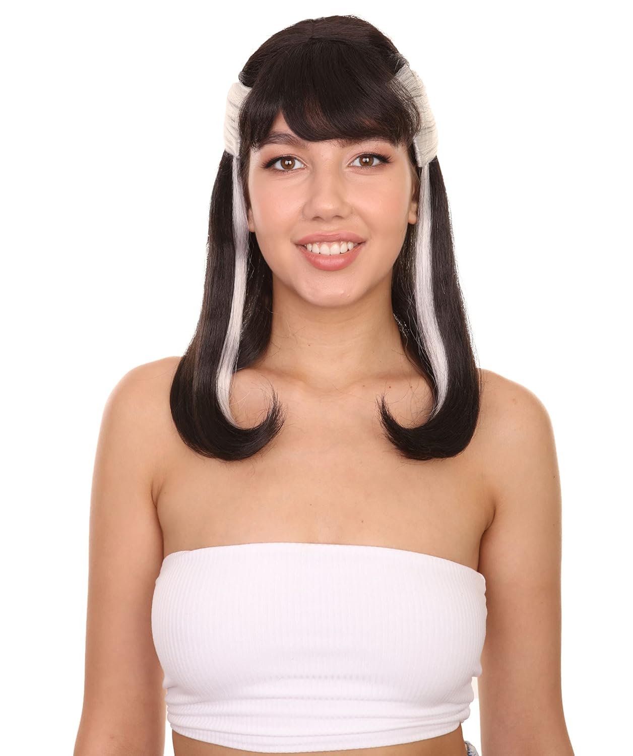 HPO | Adult Women's 16" Inch Medium Length Halloween Cosplay Black White Wizard Narcissa Costume Wig, Synthetic Soft Fiber Hair, Perfect for your next Festival and Group Anime Party!
