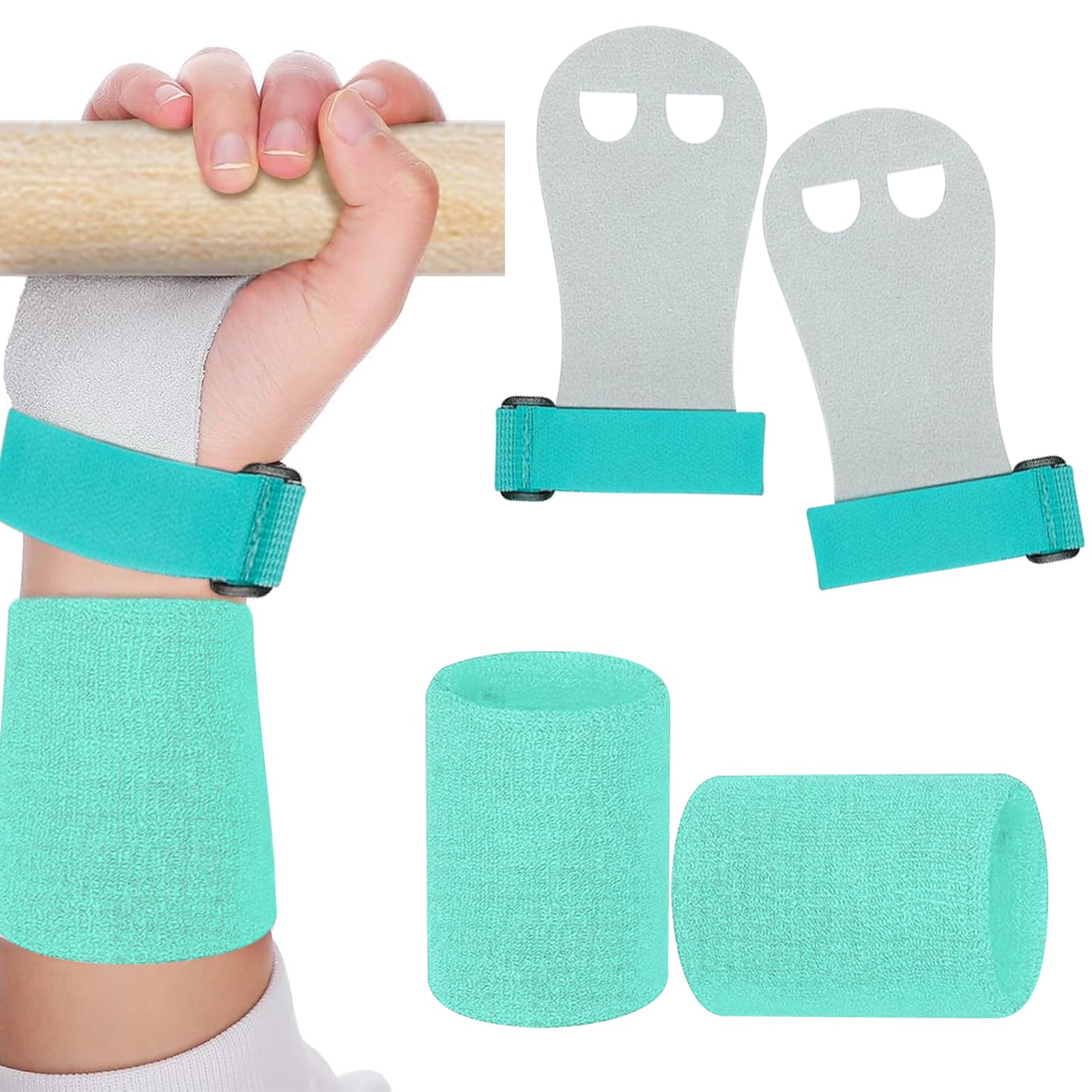 2PCS Gymnastics Hand Grips Gloves Wristbands, Gymnastic Hand Grips Gymnastic Bar Palm Protection and Wrist Support Sports Accessories for Boys Girls Youth Kids Workout and Exercise (Lake blue, L)-image-12
