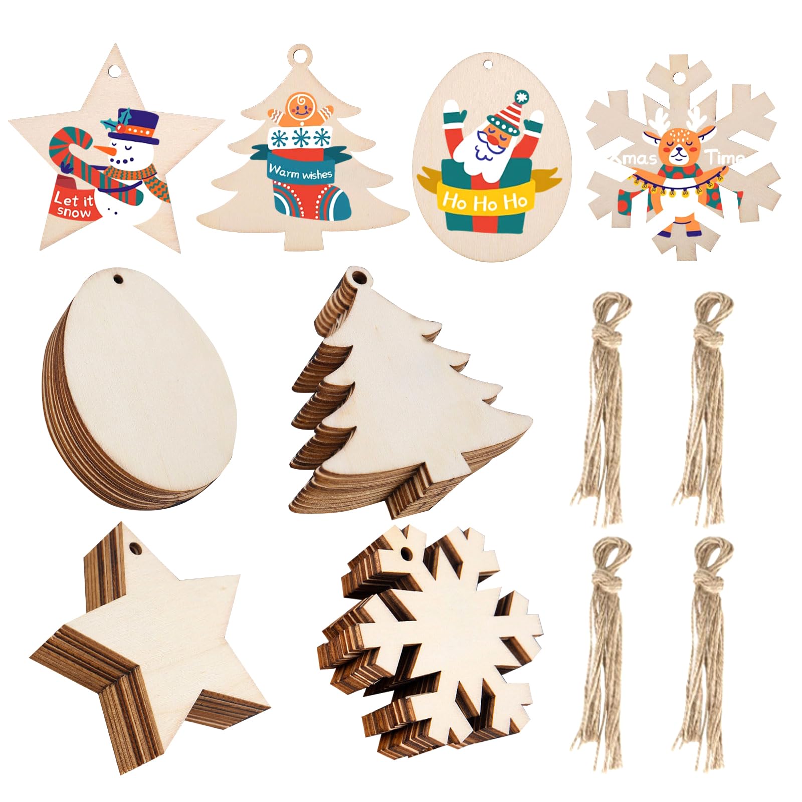 elthmpr Colgantes de madera de Navidad, 40 unidades, colgantes decorativos de madera con 40 cuerdas, bolas de Navidad, colgantes de madera, 4 patrones de Navidad, kit de adornos de madera para pintar