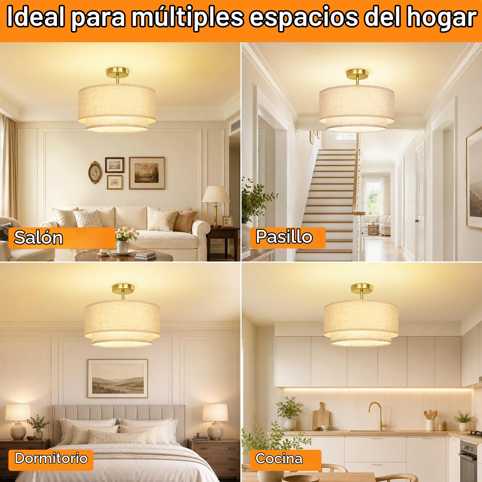 OUTON Plafón de Techo con Pantalla de Tela, 3 Luces, Dorado, Ø 40,6 cm | Doble pantalla de lino con difusor interior, 3 casquillos E27, compatible con bombillas regulables, para espacios interiores
