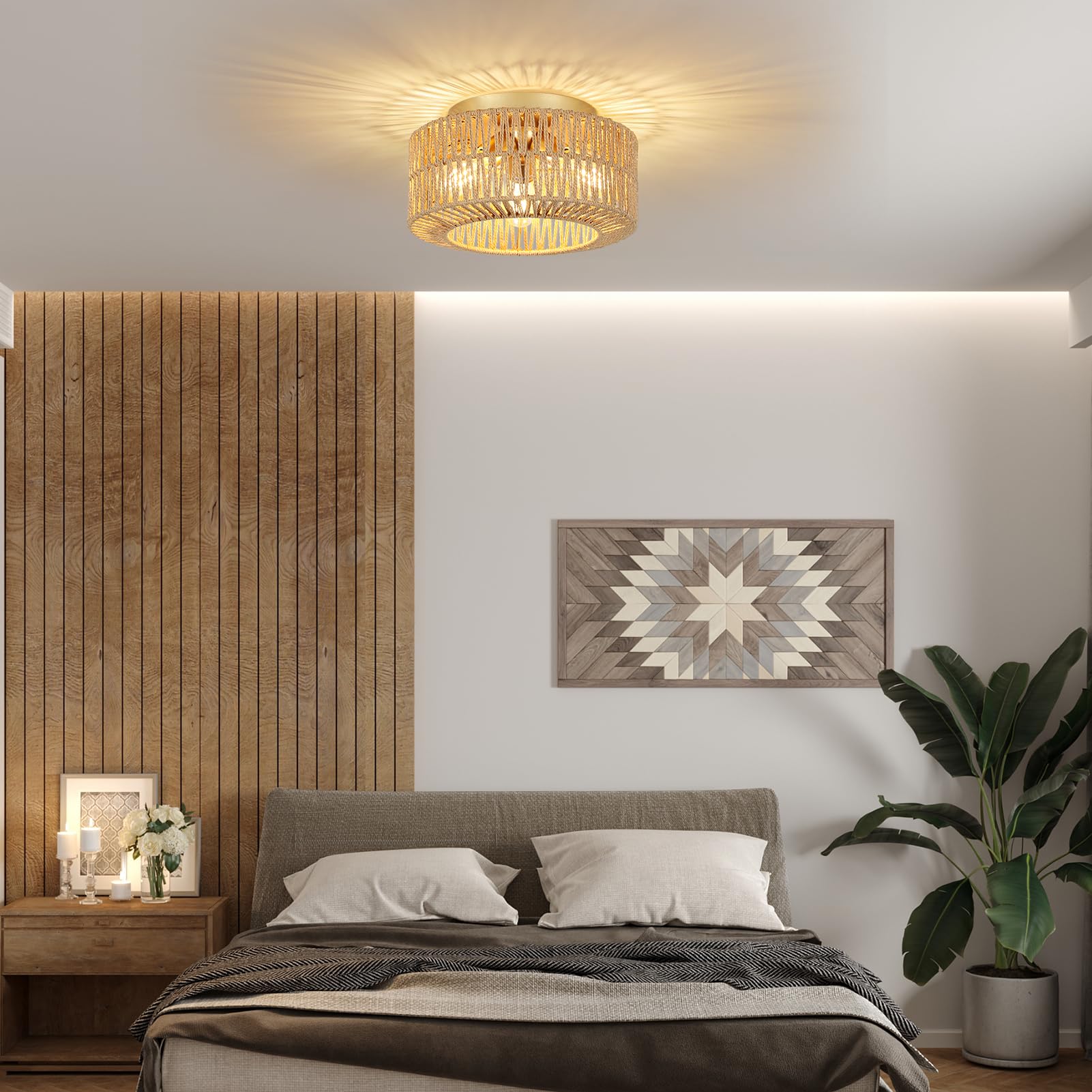 Rayofly Plafoniera Boho in Rattan a 3 Luci - Lampada da Soffitto Con Paralume in Rattan per Camera da Letto e Cucina - Stile Bambù