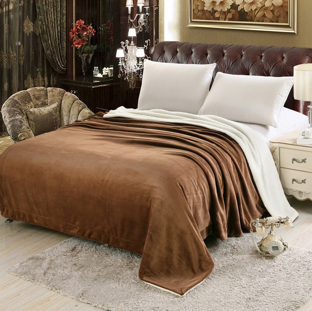 Zangge Bedding Luxury Soft Large Flannel Sherpa Throw Sofa Chunky Bed Blanket Coffee 200cm x 230cm