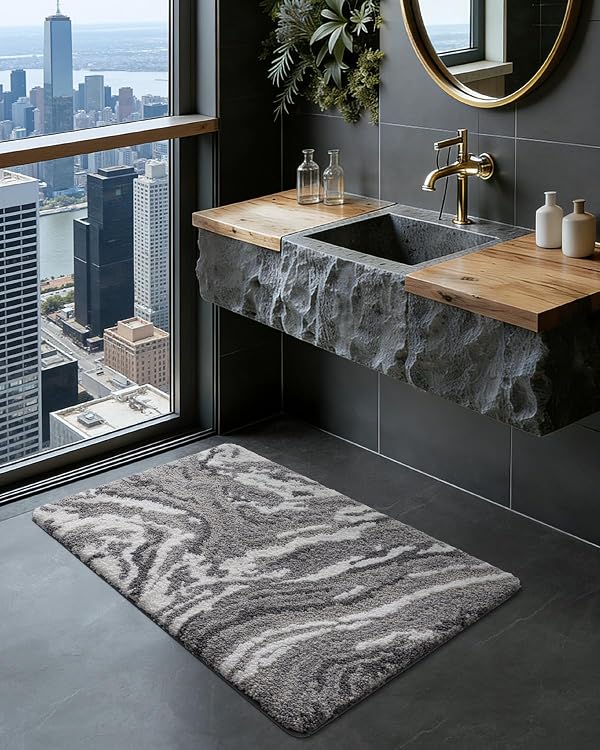 DEXI Bathroom Rug Mat 24x36, Soft and Absorbent Marble Bath Mat, Non Slip Machine Washable Bath Rugs for Shower Floor, Tub, Sink, Grey and White by DEXI - Image 5