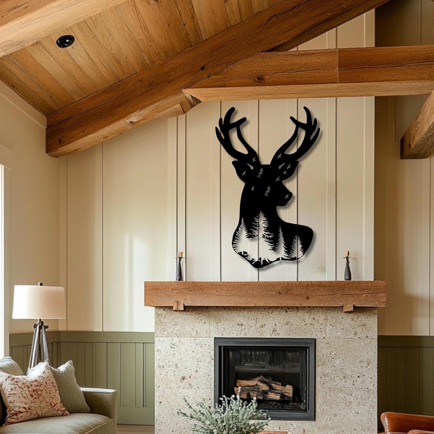 Forest Deer Silhouette Metal Wall Art,Cabin Decorations Rustic Clearance,Woodland Deer Wall Decor,Hunting Cabin Decor,Wildlife Pictures,for Living Room,Entryway,Bathroom (Black, 31"Wx48"H/79x121cm, Metal Wall Art)