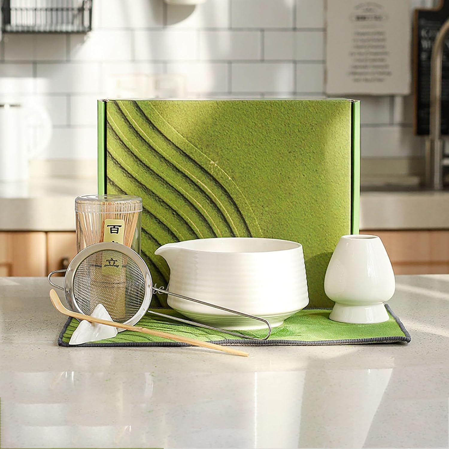 Matcha Tea Set, Matcha Whisk And Bowl, Whisk Stand (Chasen Holder), Scoop, Ceramic Whisk Holder, Handmade Ceremony Kit (7 Pcs)(B)