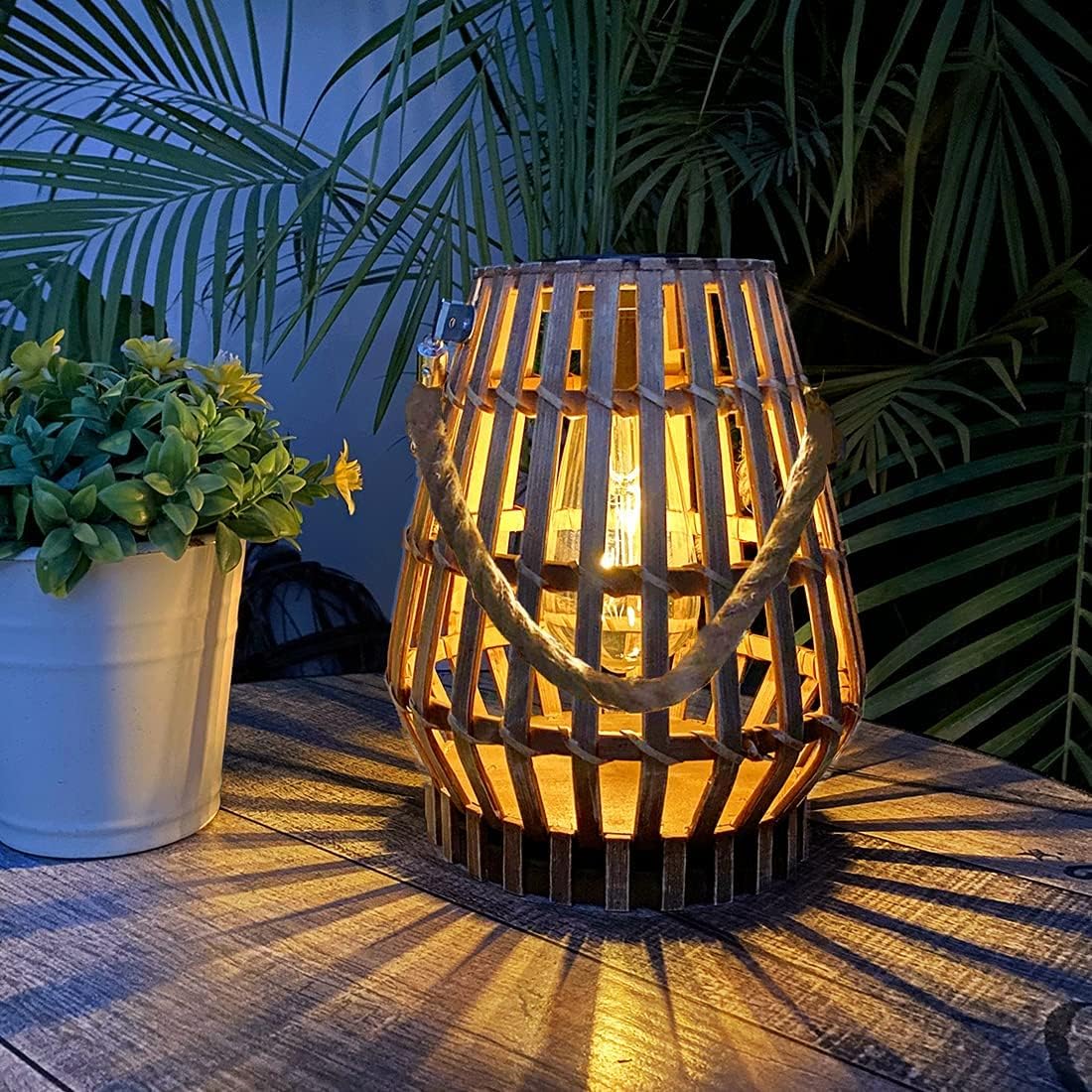 Natural Rattan Solar Lantern with Handle - Large Waterproof LED Decorative Garden Lights, Bright Rattan Solar Table Lamp for Yard, Patio, Wedding, Home Decoration