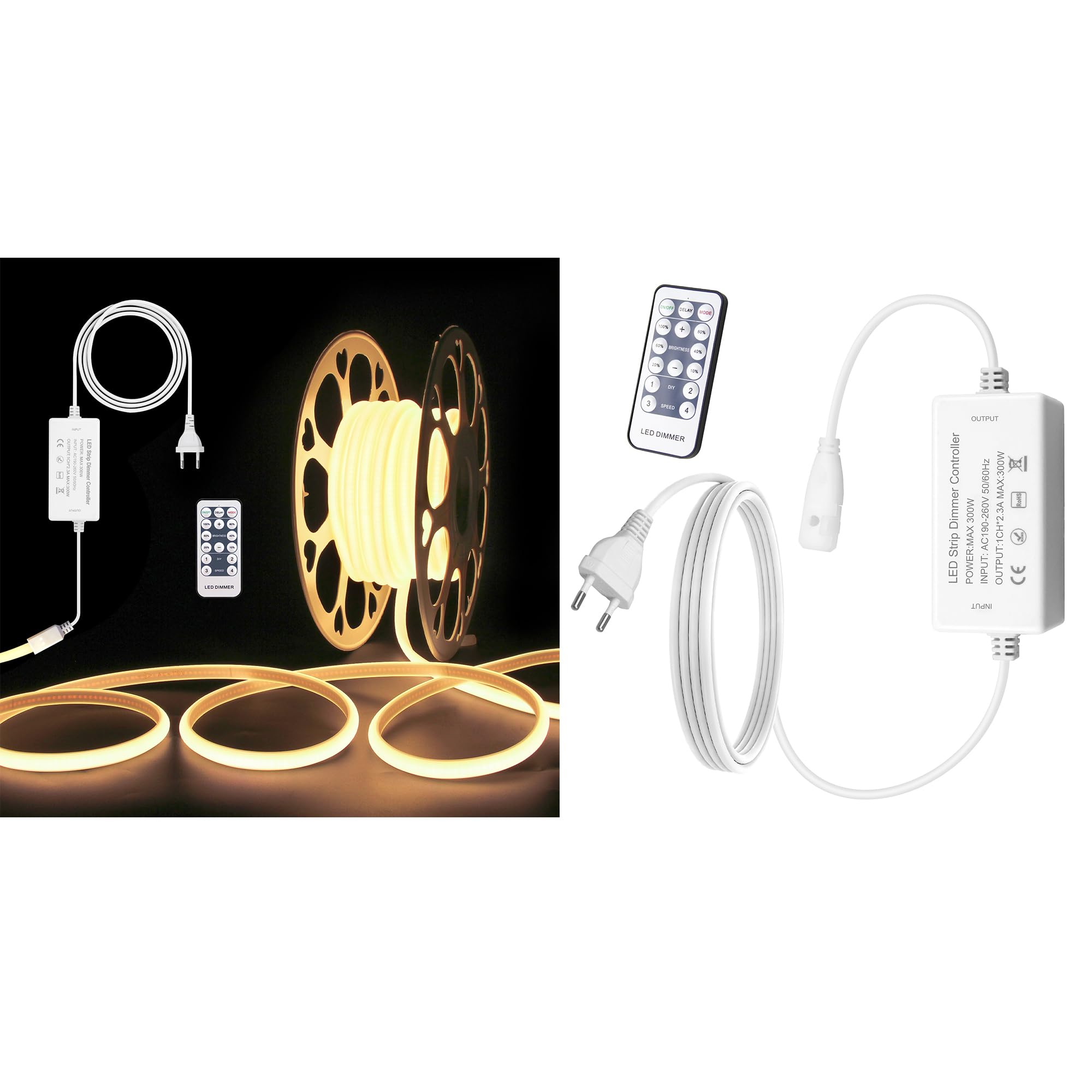ALITOVE DIY Smart Upgrade Bundle: 10M 230V Warmweiß COB-LED-Streifen mit RF-Fernbedienung + EU-Stecker mit RF-Fernbedienung