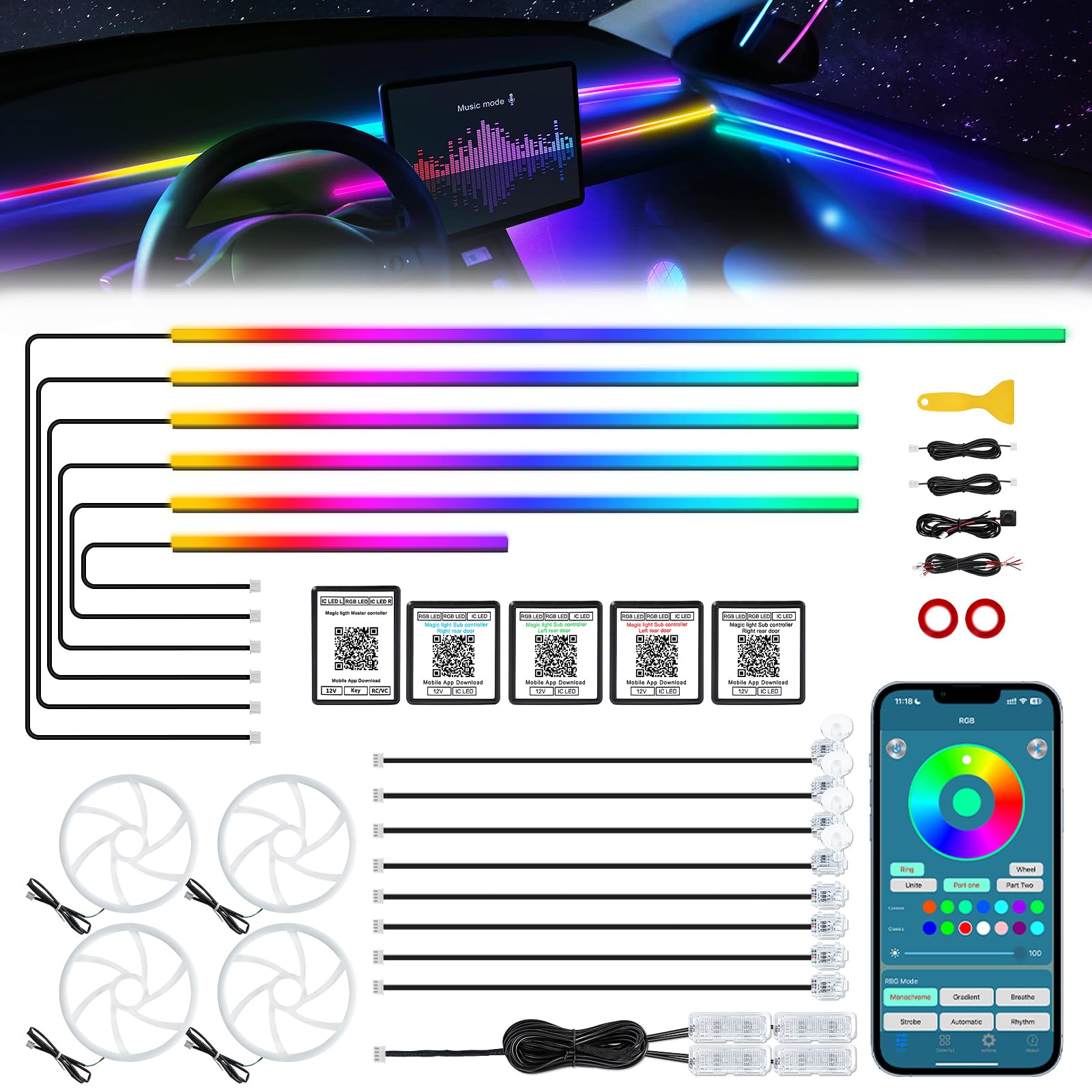 Photo 1 of Dreamcolor Acrylic Interior Car LED Strip Light with Wireless APP, RGB 22 in 1 with 175 inches 612 LEDs Fiber Optic Strip Lights for Car, Dual Zone Symphony Neon Car Ambient Lighting