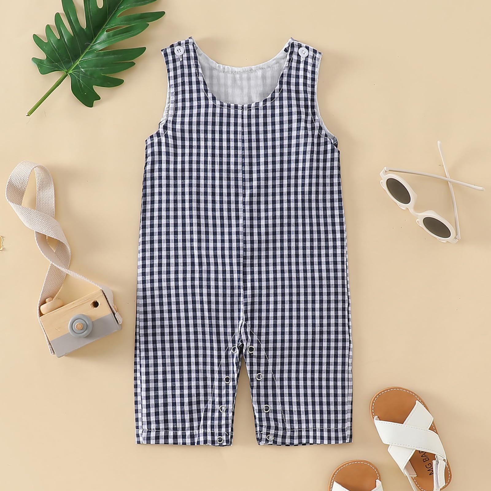 Douhoow Baby Summer Clothes Baby Boy Girl Romper Jumpsuit Plaid Baby Short Legs Overalls Unisex Toddler Outfits (Navy Blue, 12-18 Months)