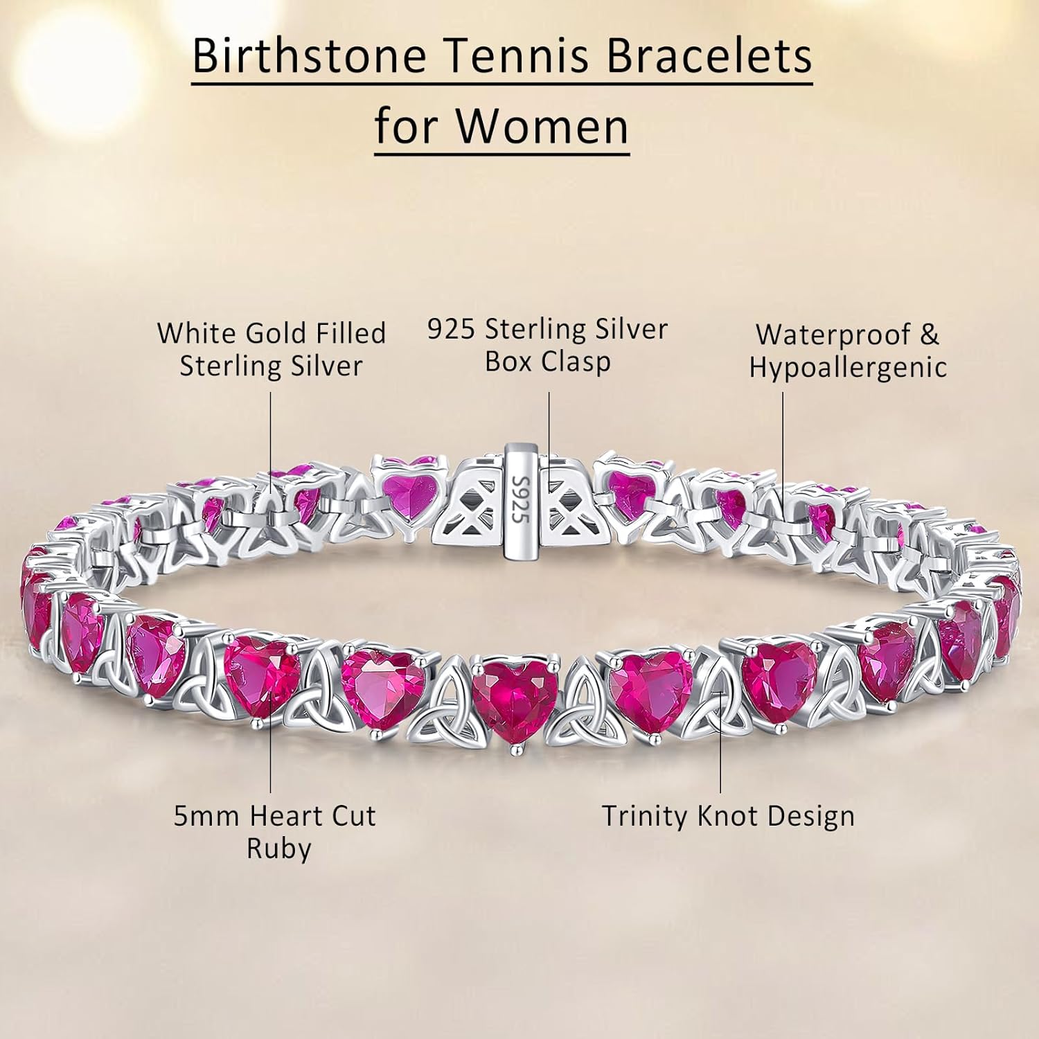 Birthstone Tennis Bracelets for Women, 925 Sterling Silver Heart Shaped Celtic Trinity Knot, 7 Inch Charm Trendy Hypoallergenic Anniversary Birthday Gifts for Her - Image 3