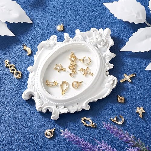 Miniatura 6 de 16 piezas de latón micro pavimentar circonita cúbica corazón cruz luna encantos estrella de cristal Hamsa mano plana redonda con ojo colgantes con