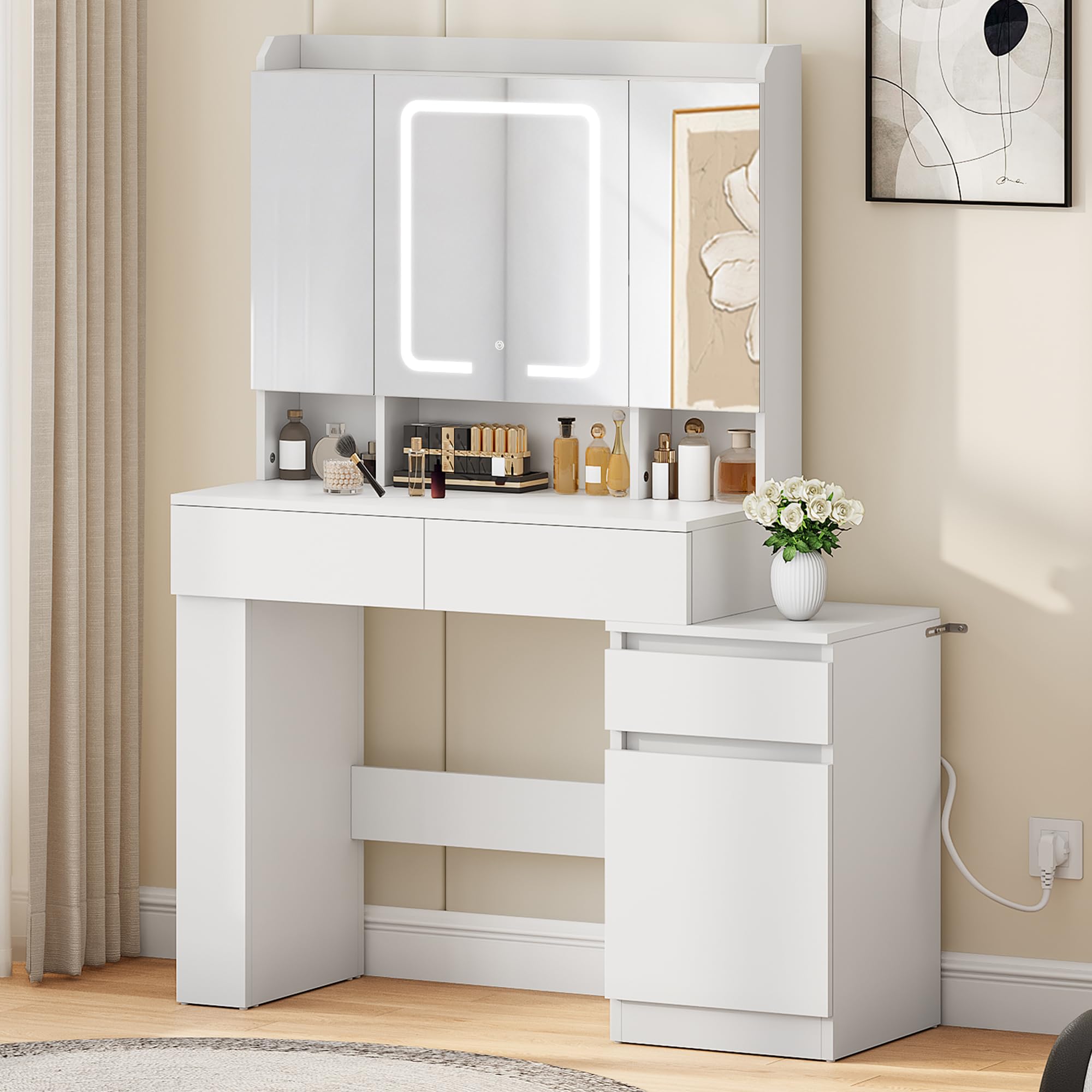 YITAHOME Schminktisch mit Spiegel und LED-Beleuchtung, Schubladen und USB-Anschluss, verstellbaren Fächern, moderner Frisiertisch für Schlafzimmer und Make-up, Haartrocknerhalter Weiß