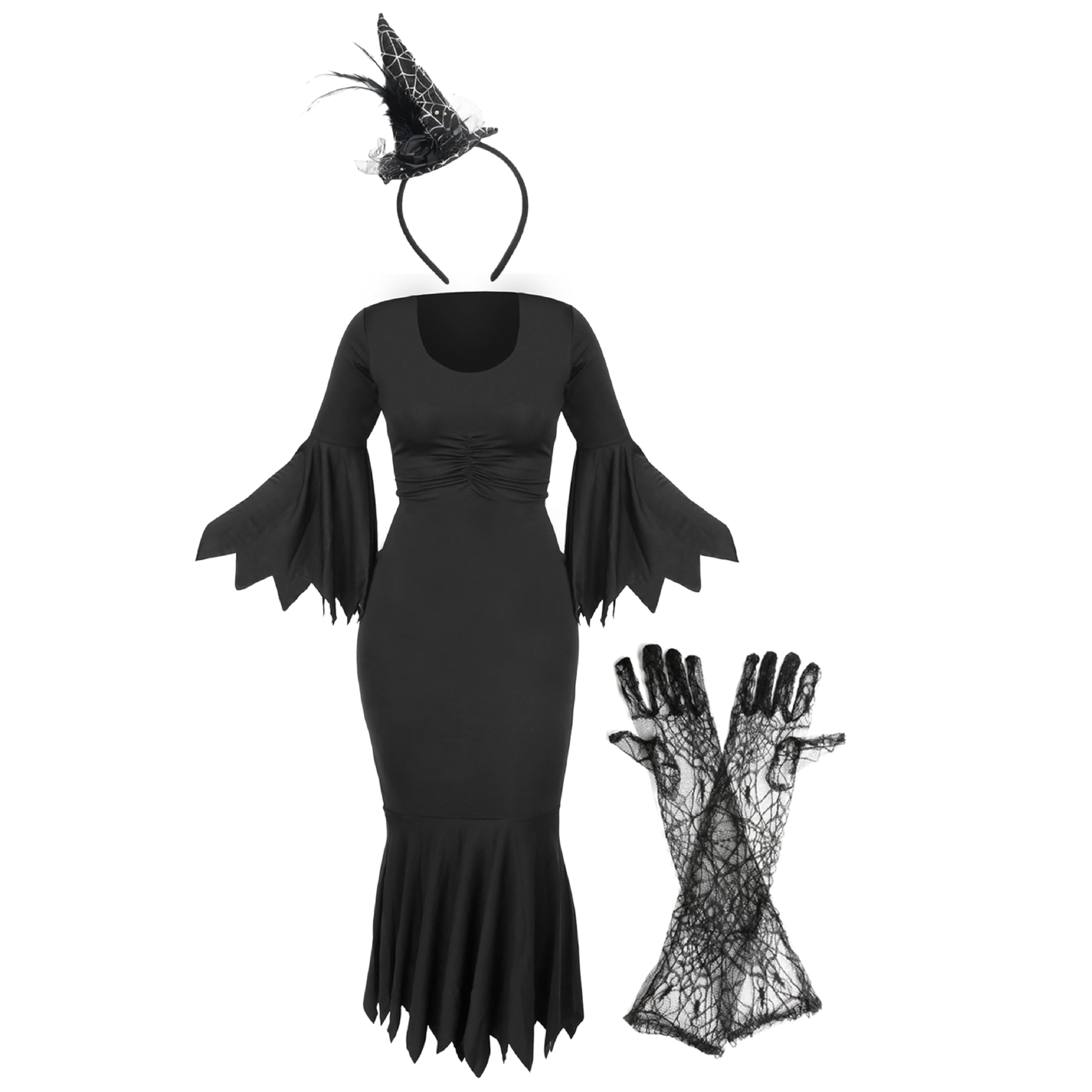 Ladies Spider Witch Costume - Black Dress with Jagged Edges, Spiderweb Gloves, Mini Witch's Hat - Womens Halloween Fancy Dress Costume