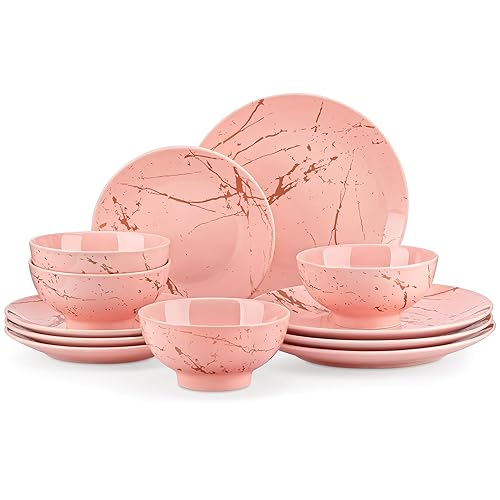 LOVECASA Pink Dinnerware Sets for 4, 12 Piece Porcelain Plates and Bowls Sets, Gold Splash Dish Set, Modern Ceramic Dinner Set, Dishwasher Microwave Safe - Pink_Gold - 12 Piece (Service for 4)