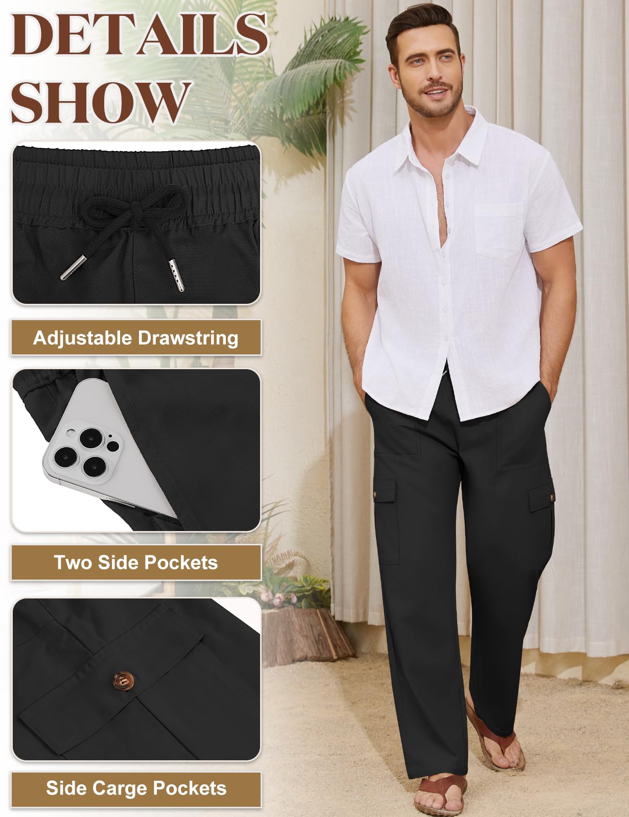 Voqeen Pantaloni Lino Uomo Estivi Pantalaccio Uomo Estivo Casual Pantaloni Elasticizzati in Vita con Tasche Cargo Pantalone di Lino Leggeri da Spiaggia Larghi