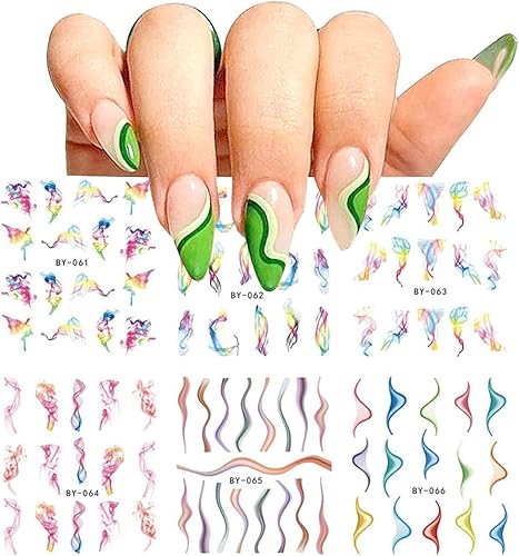 Miniatura 2 de 12 hojas de calcomanías onduladas para arte de uñas, transferencia de agua, líneas de colores, calcomanías de uñas de arco iris 3D para diseño de