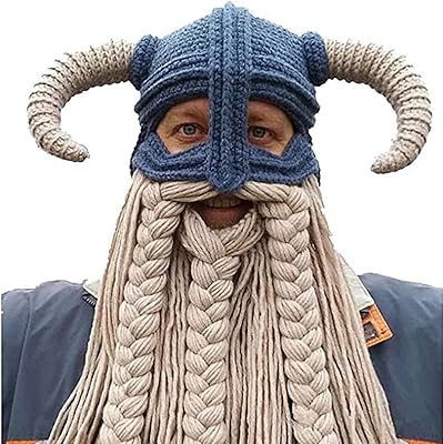 Adult Long Beard Viking Knit Hat Barbarian Bull Horn Handmade Knitted Beanie Hat Warm Funny Ski Cap Funny Party hat