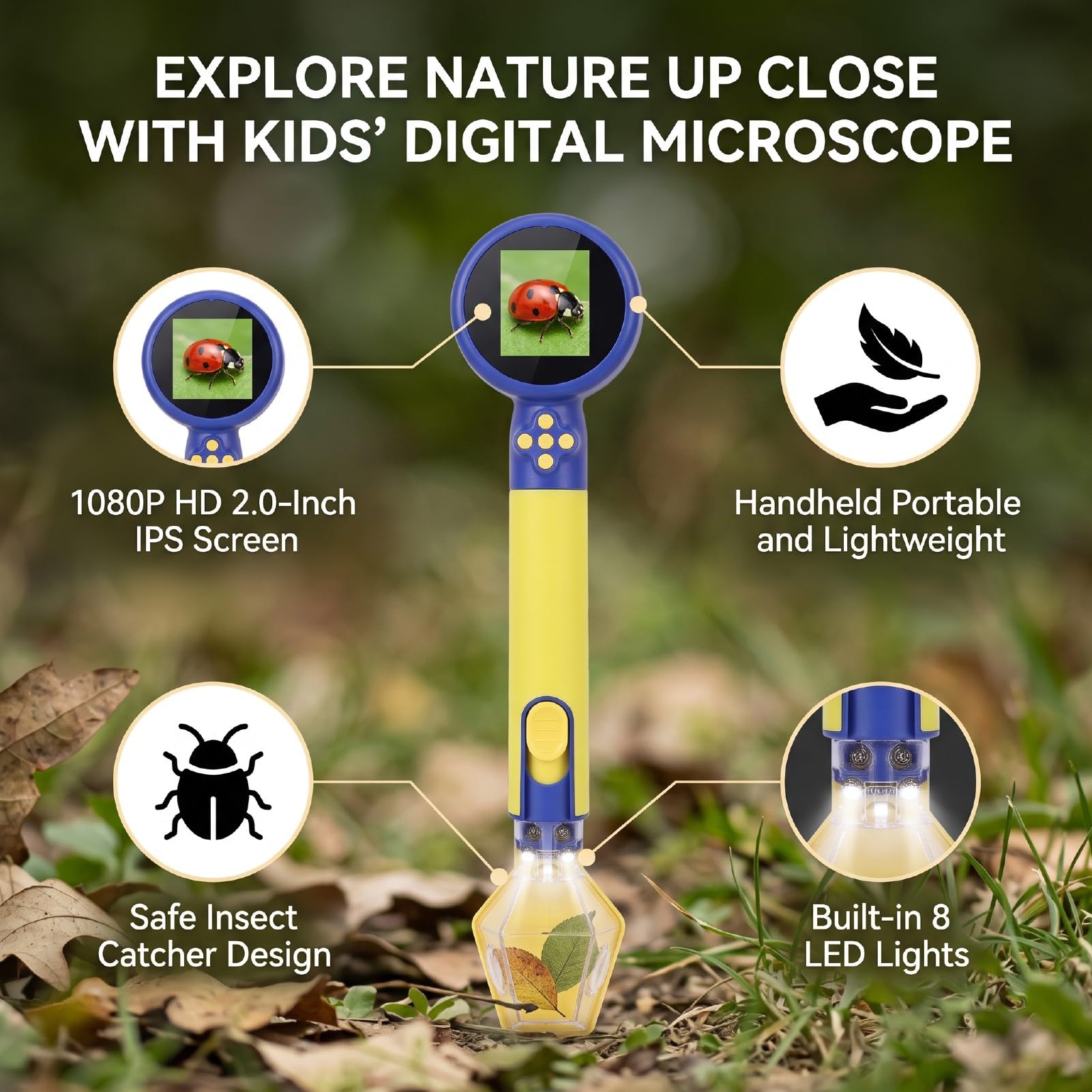 VGEBY Microscopio per Bambini 1080P HD, Schermo IPS da 2.0 Pollici, per