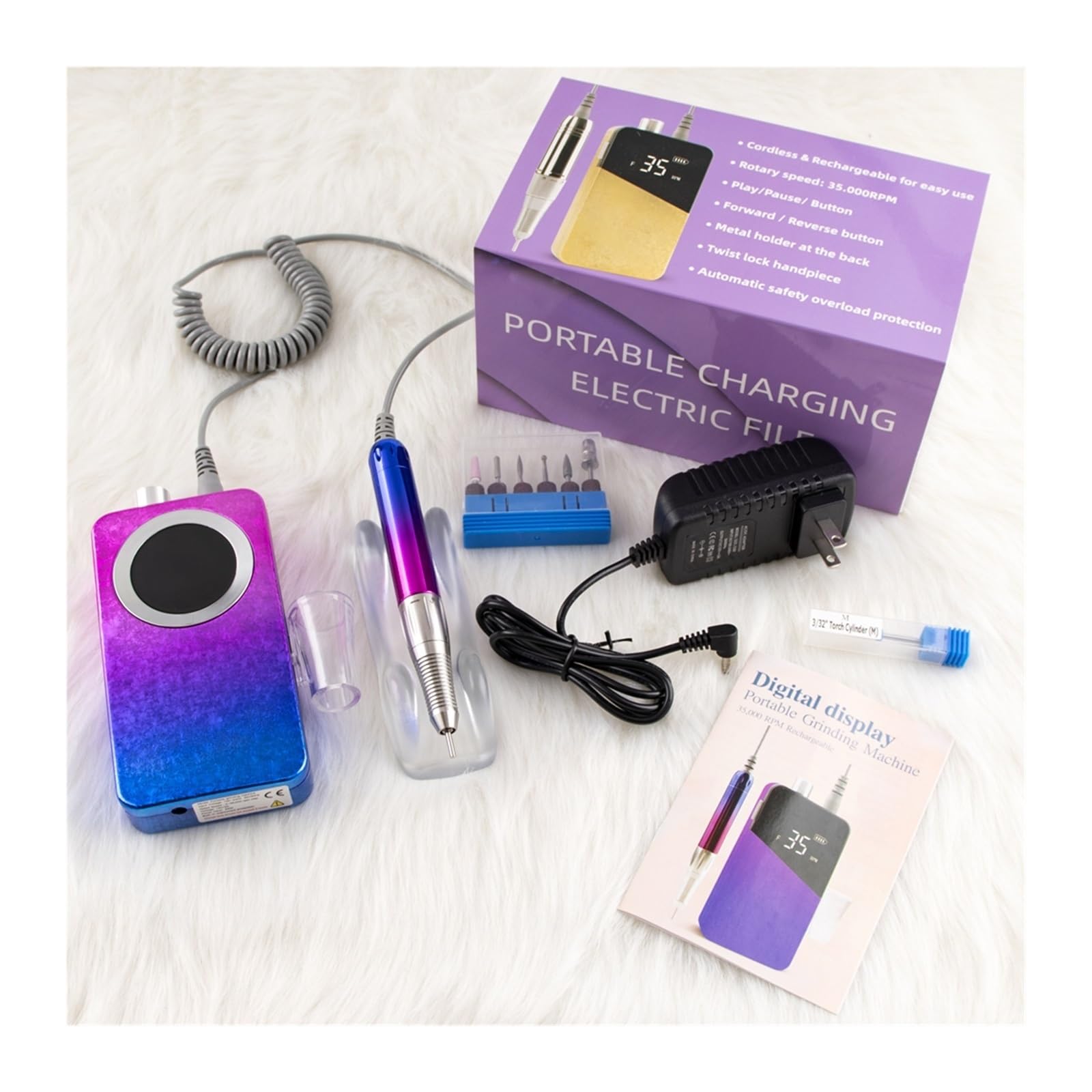 Batteria per scooter elettrico a ricarica rapida, Trapano for unghie cordless portatile con impugnatura senza spazzole, manicure ricaricabile 35000 giri/min, trapano elettrico for lima for unghie Wire