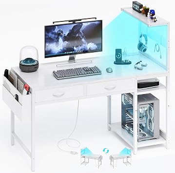40 Inch Small Gaming Desk with Drawers & Led Lights & Storage Bag, White