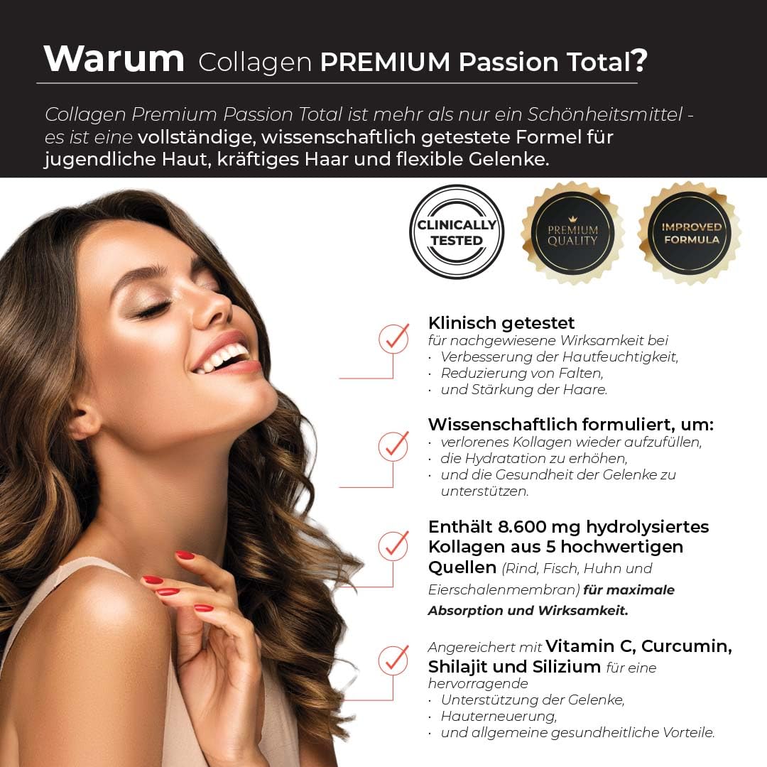 Collagen Premium Passion Total – 30 Beutel mit 8600 mg hydrolysiertem Kollagen, Vitamin C, Curcumin, Shilajit, Zink, Kupfer, Biotin, Mangan und Silizium für Haut, Gelenke und Knochen