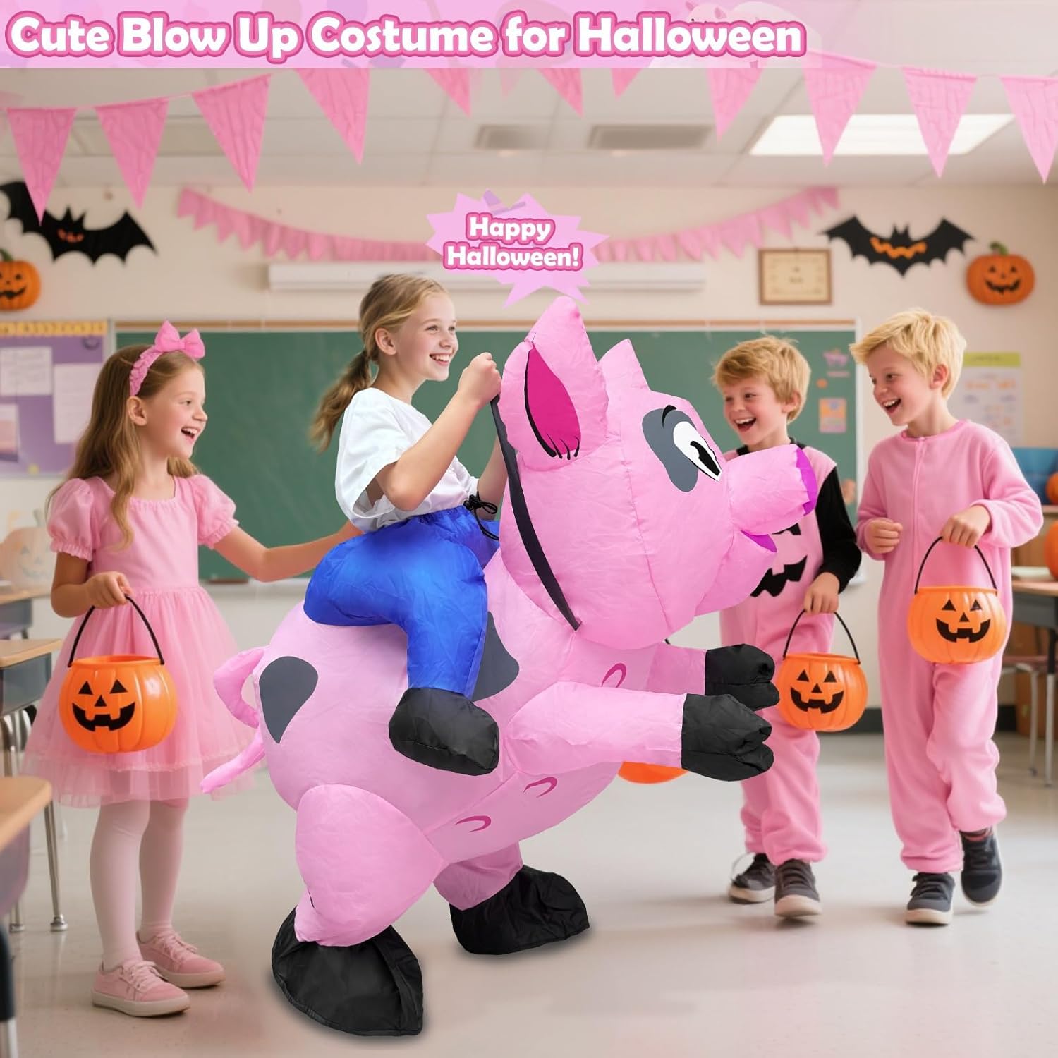 Camlinbo Halloween Inflatable Pig Costume for Kids, Blow Up Costume Ride on Pink Pig Funny Animals Rider Costumes for Girls Boys Halloween Cosplay Party