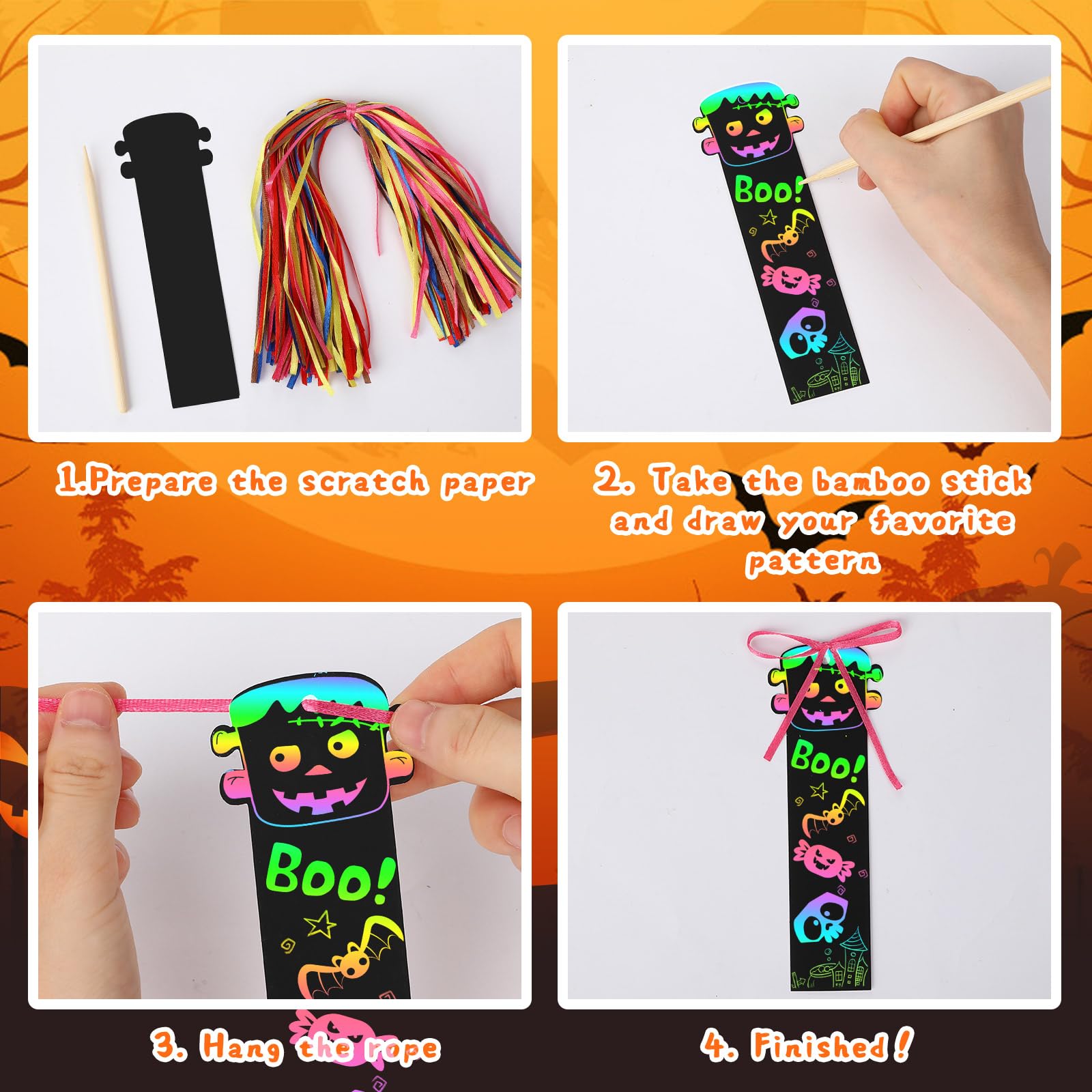 JUNEBRUSHS 30Pcs Halloween Scratch Bookmarks, Rainbow Magic Scratch Paper Art Pumpkin Bat Spider DIY Crafts Kit for Halloween Gifts - Image 3