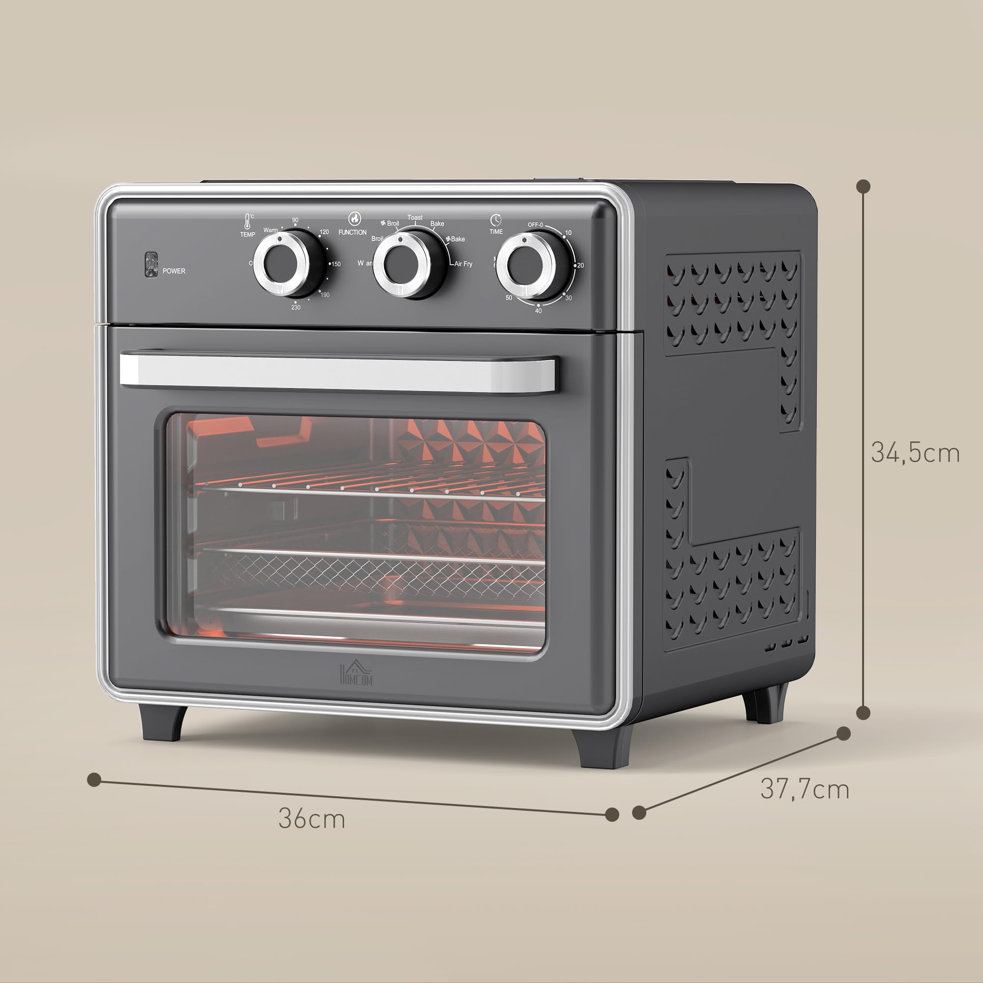 HOMCOM Mini-four à chaleur tournante 20L Mini four avec plaque de cuisson, grille et ramasse-miettes, 90 °C-230 °C Friteuse à air chaud avec 5 modes, panier à friture, minuterie 60 min, 1400W, métal