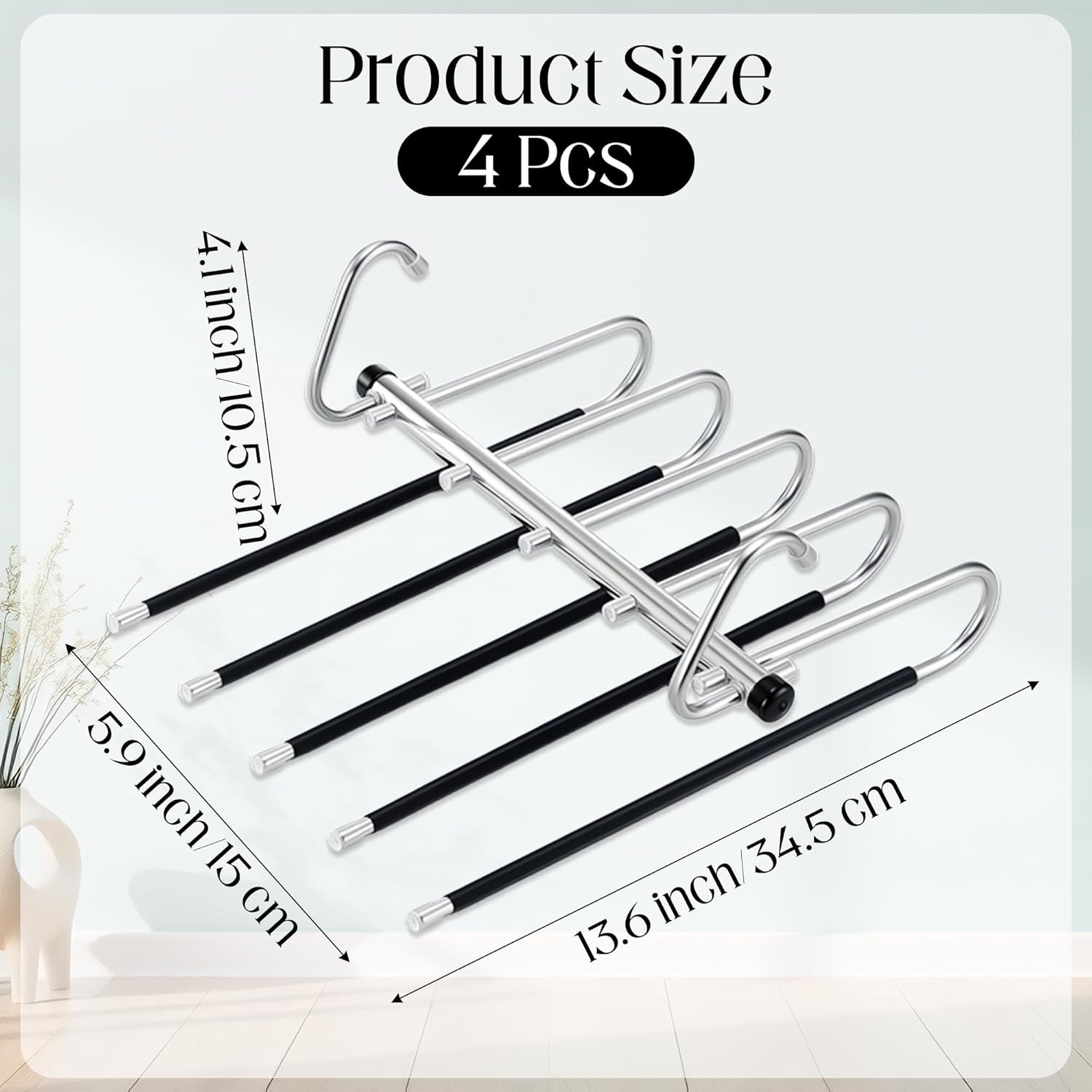 Pants Hangers Space Saving - 4 Pack 5-Tier Stainless Steel Jean Closet Organizer, Anti-Slip Clothing Storage Rack, Multifunctional Clothes Hanger Holder for Trouser Skirt Scarf Slack Legging