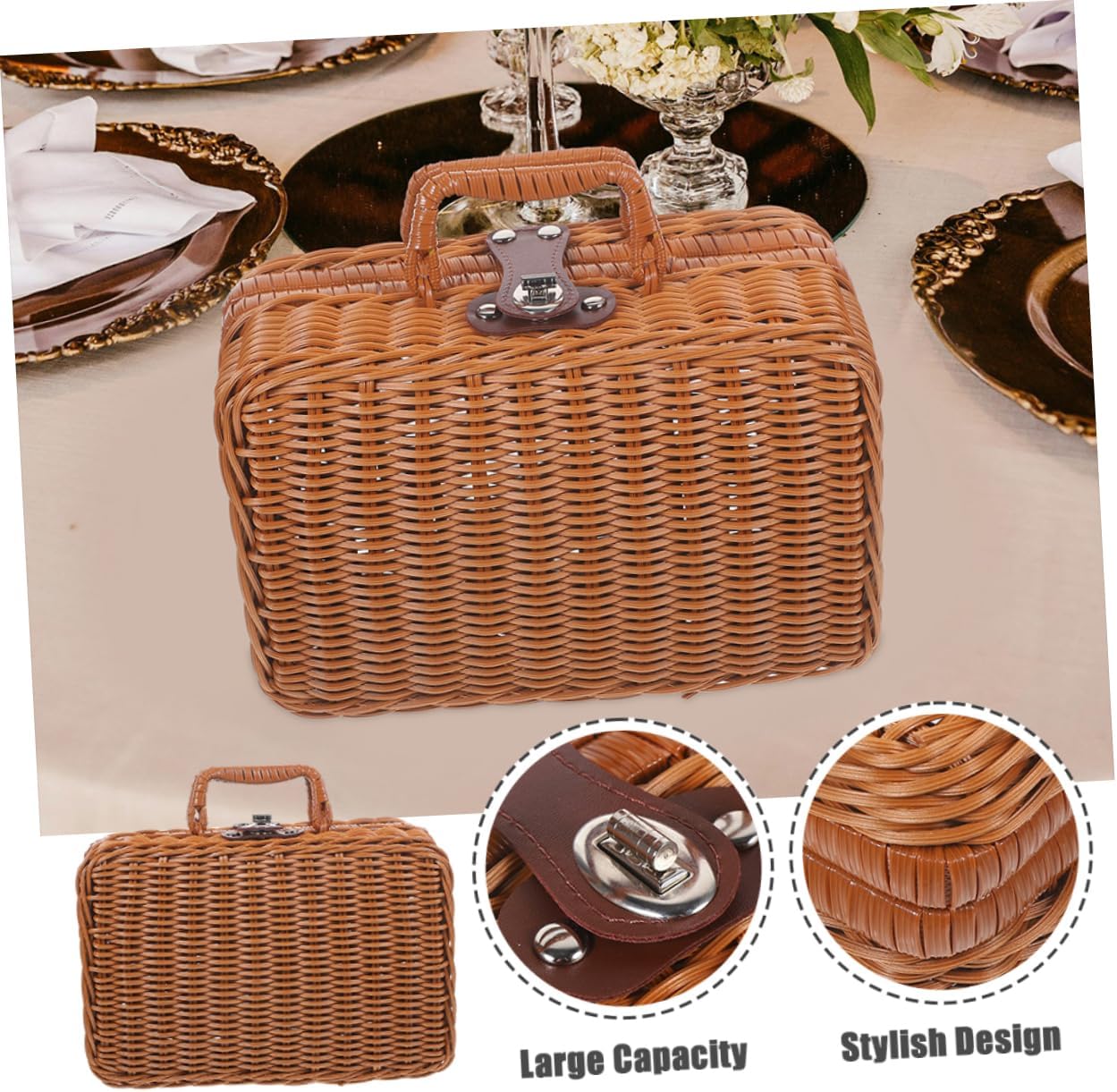 BESTonZON Retro Handheld Woven Storage Box with Lock, Small Size image 5