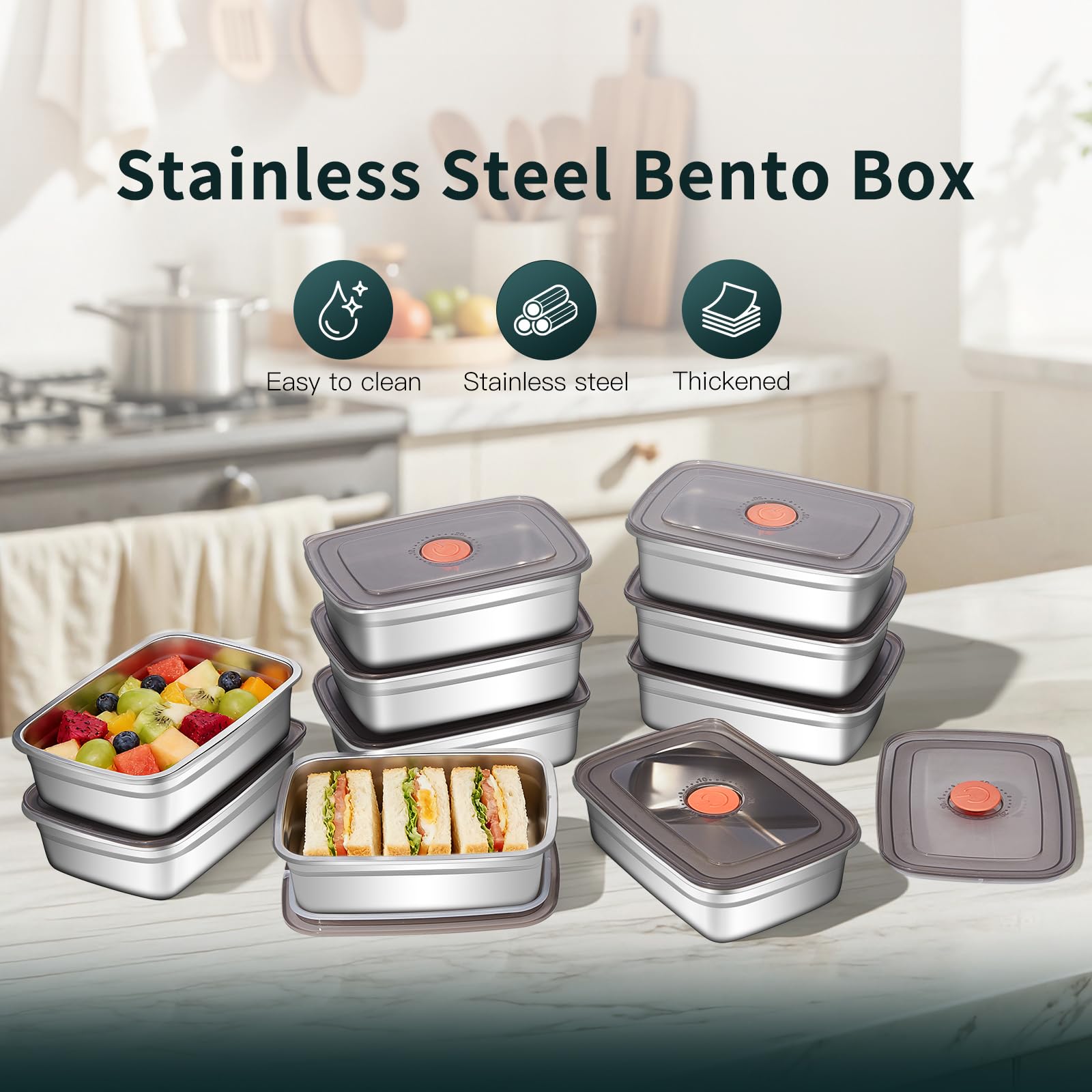 GIUOIDUO Paquete de 10 recipientes de acero inoxidable para almacenamiento de alimentos con tapas a prueba de fugas, cajas de almuerzo de metal reutilizables de 37 onzas, apilables, aptos para