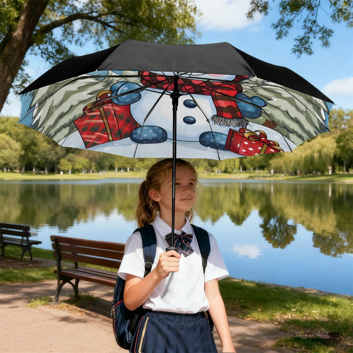 Cute Christmas Tree Snowman Folding Umbrella Windproof Compact Lightweight Travel Umbrella with 8 Reinforced Ribs, Portable UV Sun & Rain Protection for Men & Women