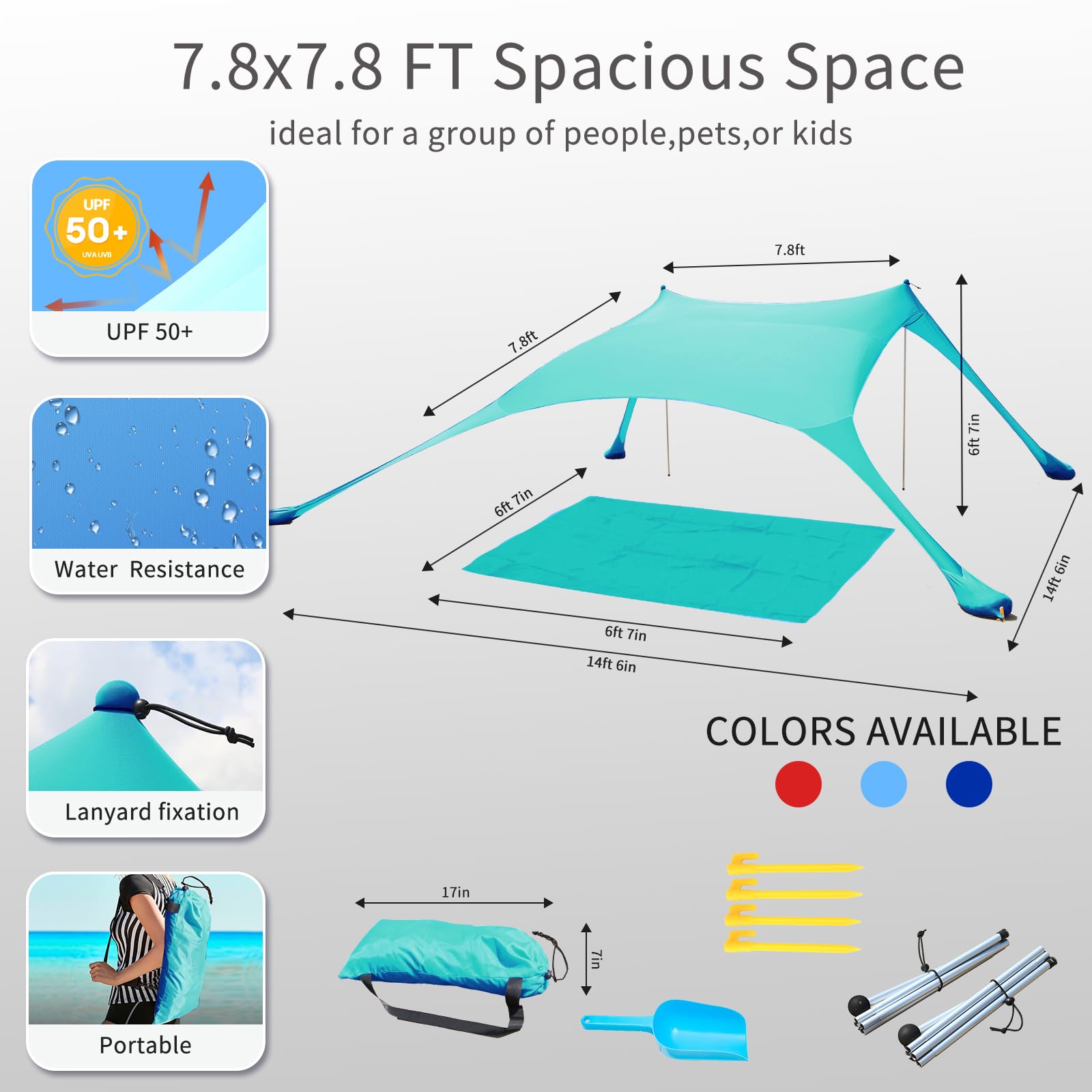 Strandzelt Pop-Up 2x2.1 m LSF 50 Lycra Sonnenschutz Anti-Wind mit Stabilitätsstangen