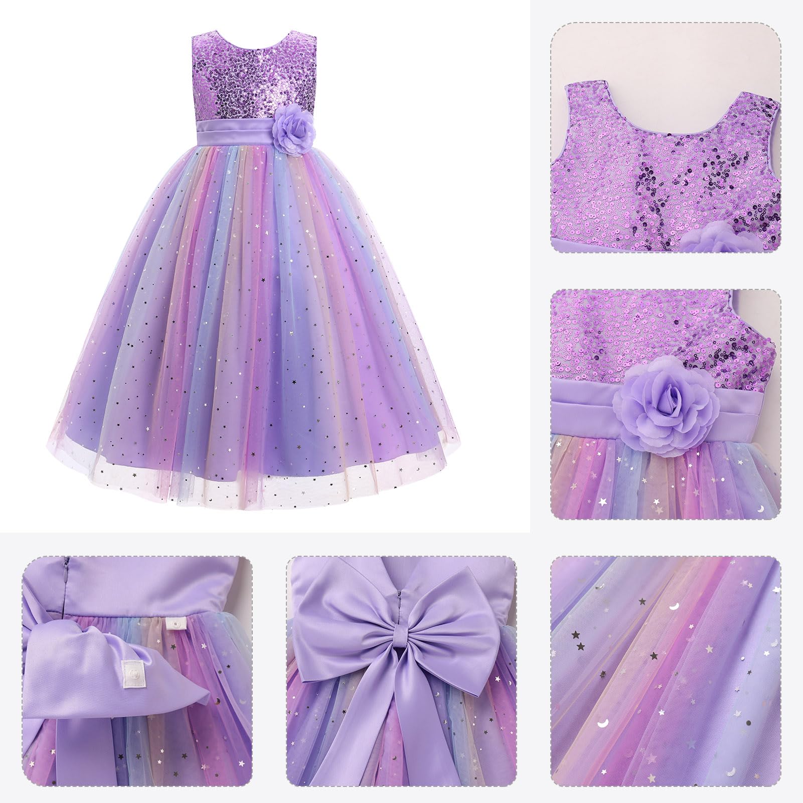 IDOPIP Paillettenkleid für Mädchen, glitzernd, Party, formell, Festzug, Geburtstag, Hochzeit, Blumenmädchenkleid, ärmellos, Regenbogen-Tüllkleider