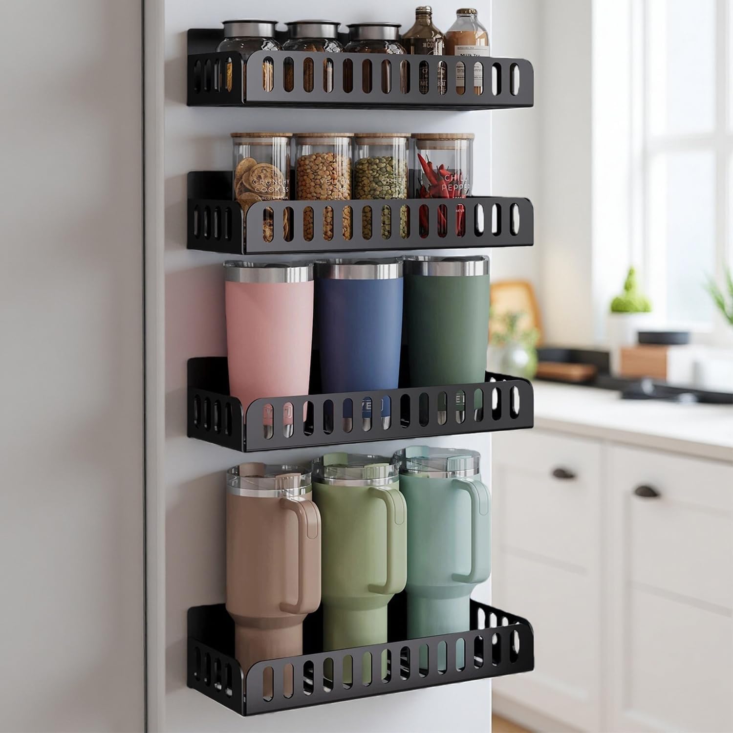 4 Pack Magnetic Cup Holder for Fridge(Fits 8-12),Carbon Steel Water Bottle Holder and Tumbler Organizer for Stanley,Multipurpose Magnetic Shelf for Refrigerator(Matte Black)