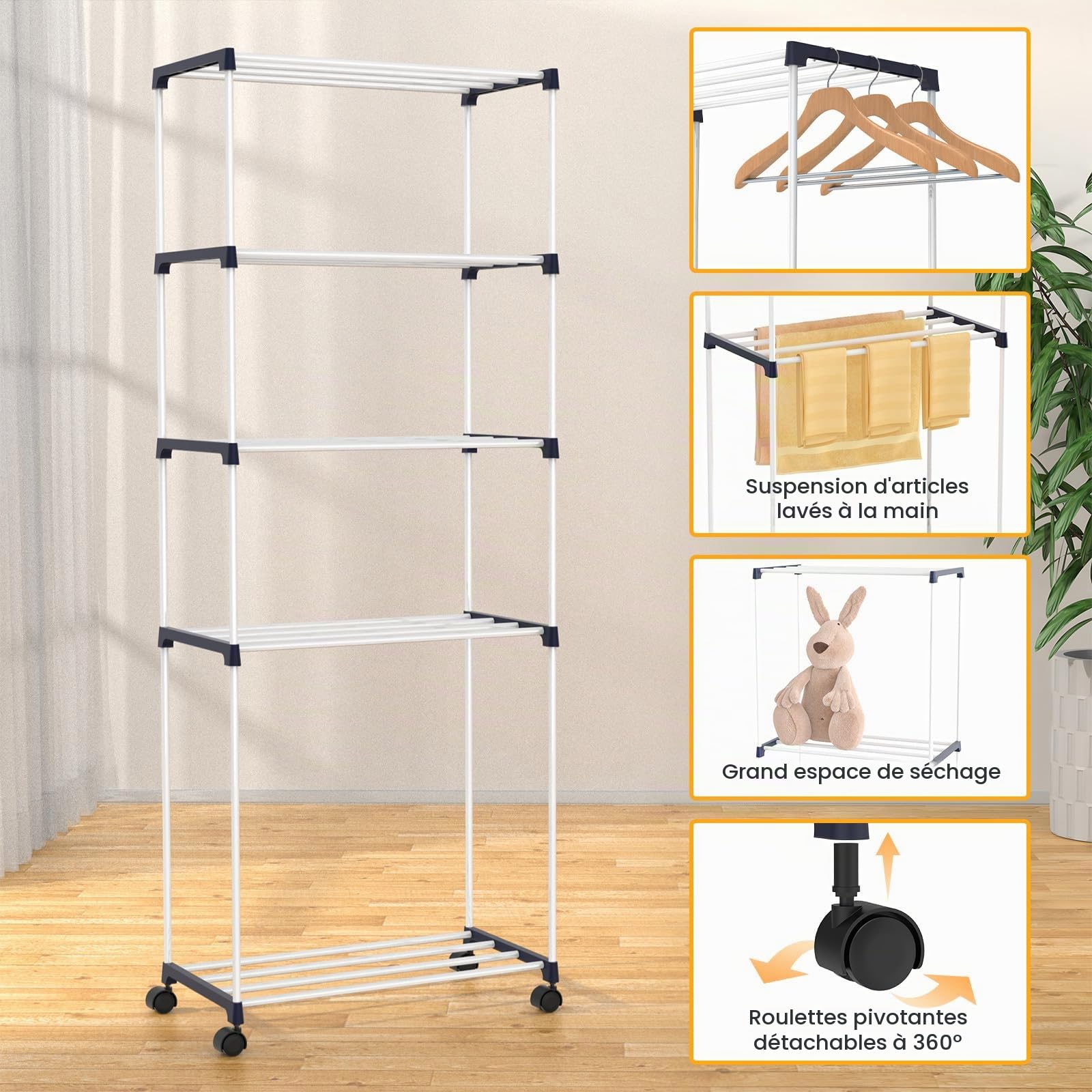 johgee Petit étendoir à linge, porte-serviettes autoportant, tour peu encombrante avec roues, support de séchage d'intérieur pour salles de bains, appartements et buanderies, 4 niveaux