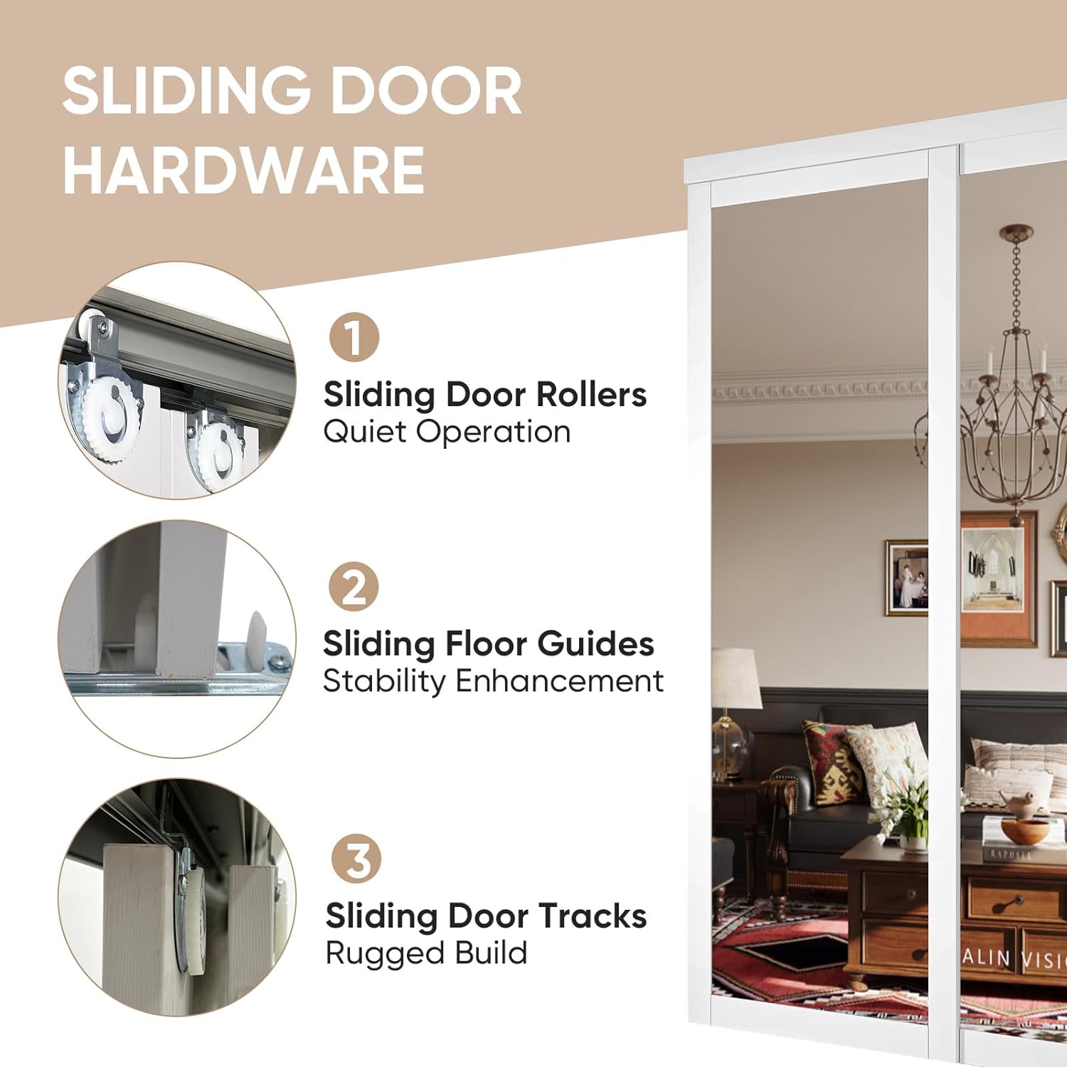 Sliding Closet Door, 60"(30.98" x2) x 80", 1-Lite Mirror Sliding Door with Hardware Track Kit & Floor Guide, Finished Doors 2 Panels, MDF, White