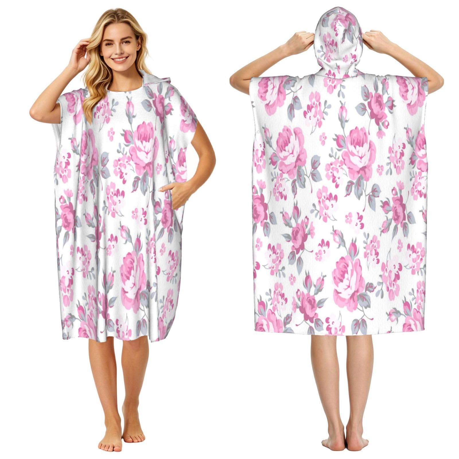 Poadnly Shabby Chic Floral Pink Pattern Pale Roses White, Adult Hooded Beach Towel 90 x 110 cm,Changing Bath Robe, Surf Poncho Towel For Women Men