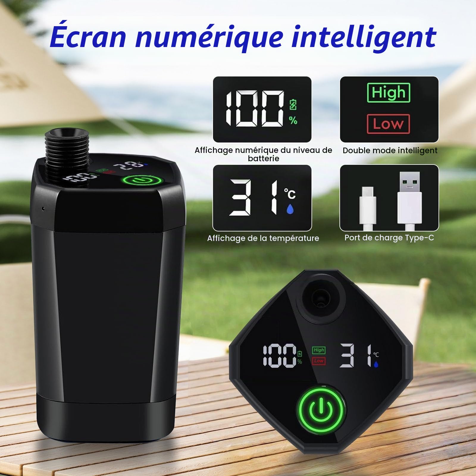 Douche Camping Portable 6000mAh avec Pompe, écran LED – Douche Extérieure IPX7, Douchette, pour Jardin, Plage, Voyage & Animaux