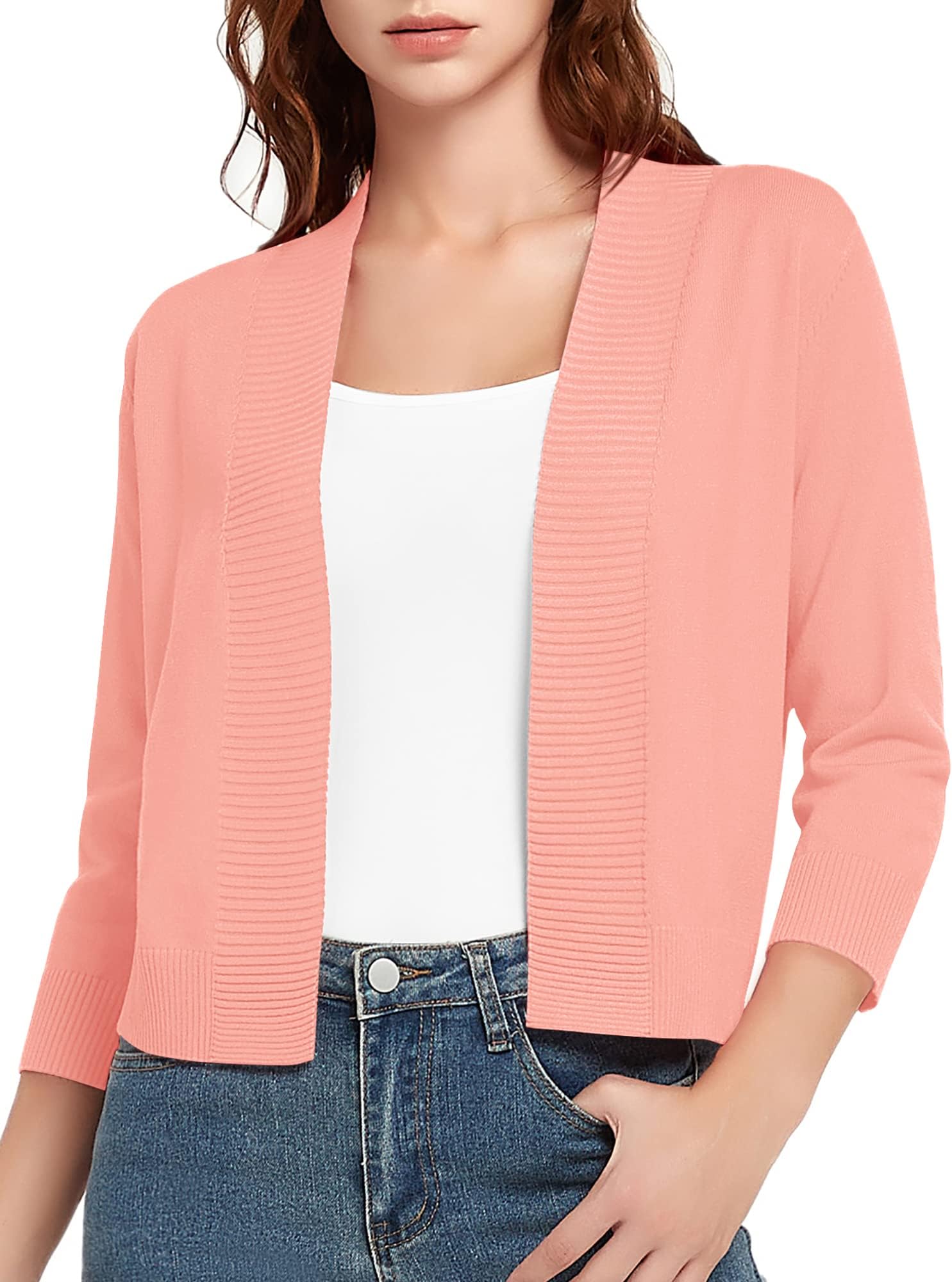 Urban CoCoWomen's 3/4 Sleeve Cropped Cardigan Sweater Lightweight Open Front Shrug for Dresses, Pink, X-Large