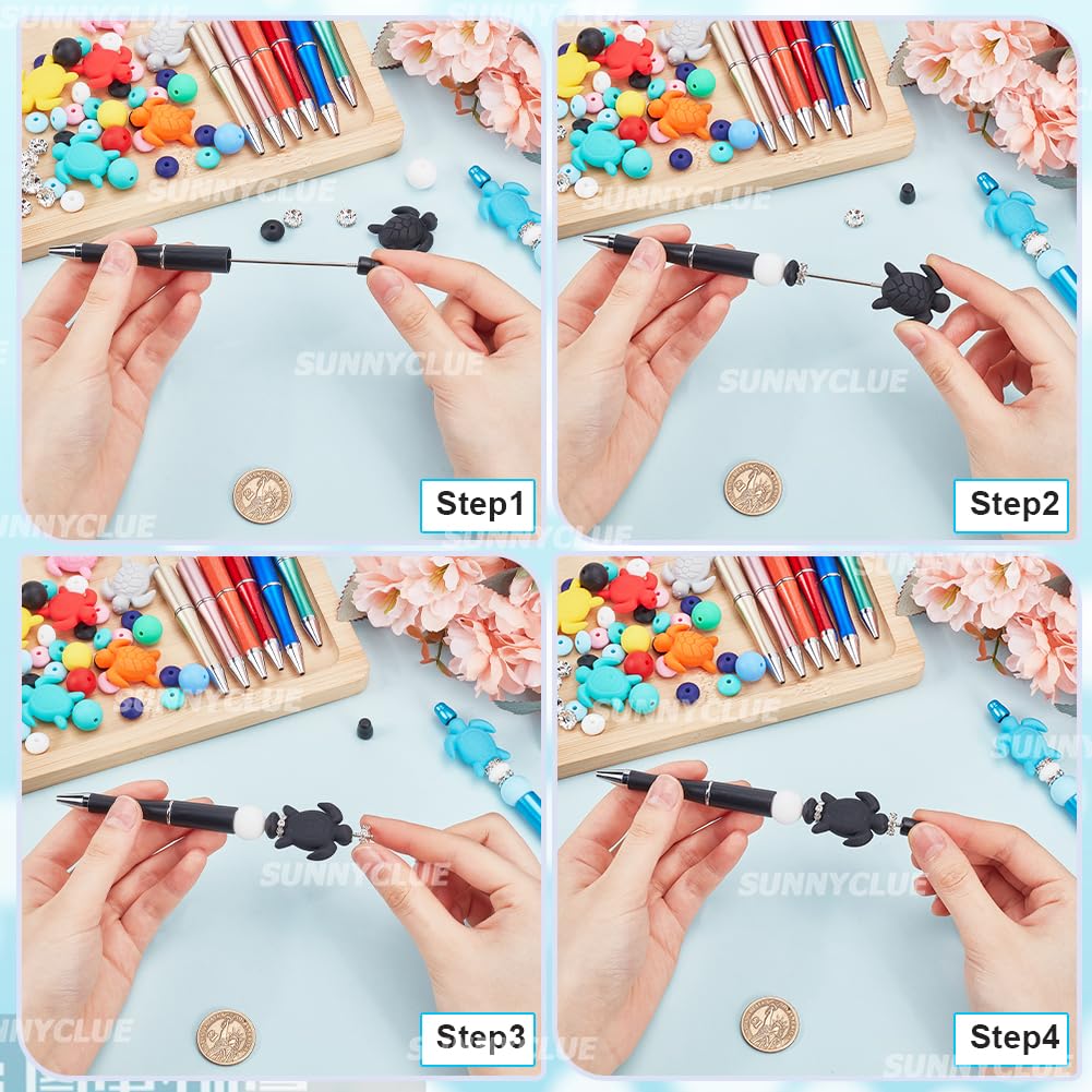 SUNNYCLUE DIY 8 Sets Silicone Pen Kits Bead Pens Bulk Beaded Pen Ocean Ball Point Pen Summer Sea Turtle Silicone Beads Rhinestone Spacer Beads Beadable Pens for Teachers Students Gifts Office School - Image 3