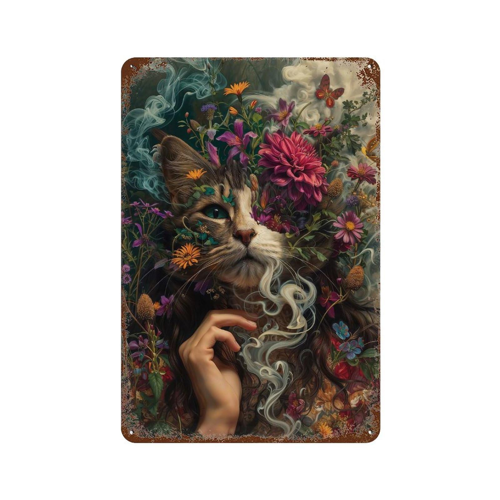 Whiskered Bloom 11.8"x7.9" Retro Metal Sign, Vintage Wall Decor for Office, Studio And Wall Decor
